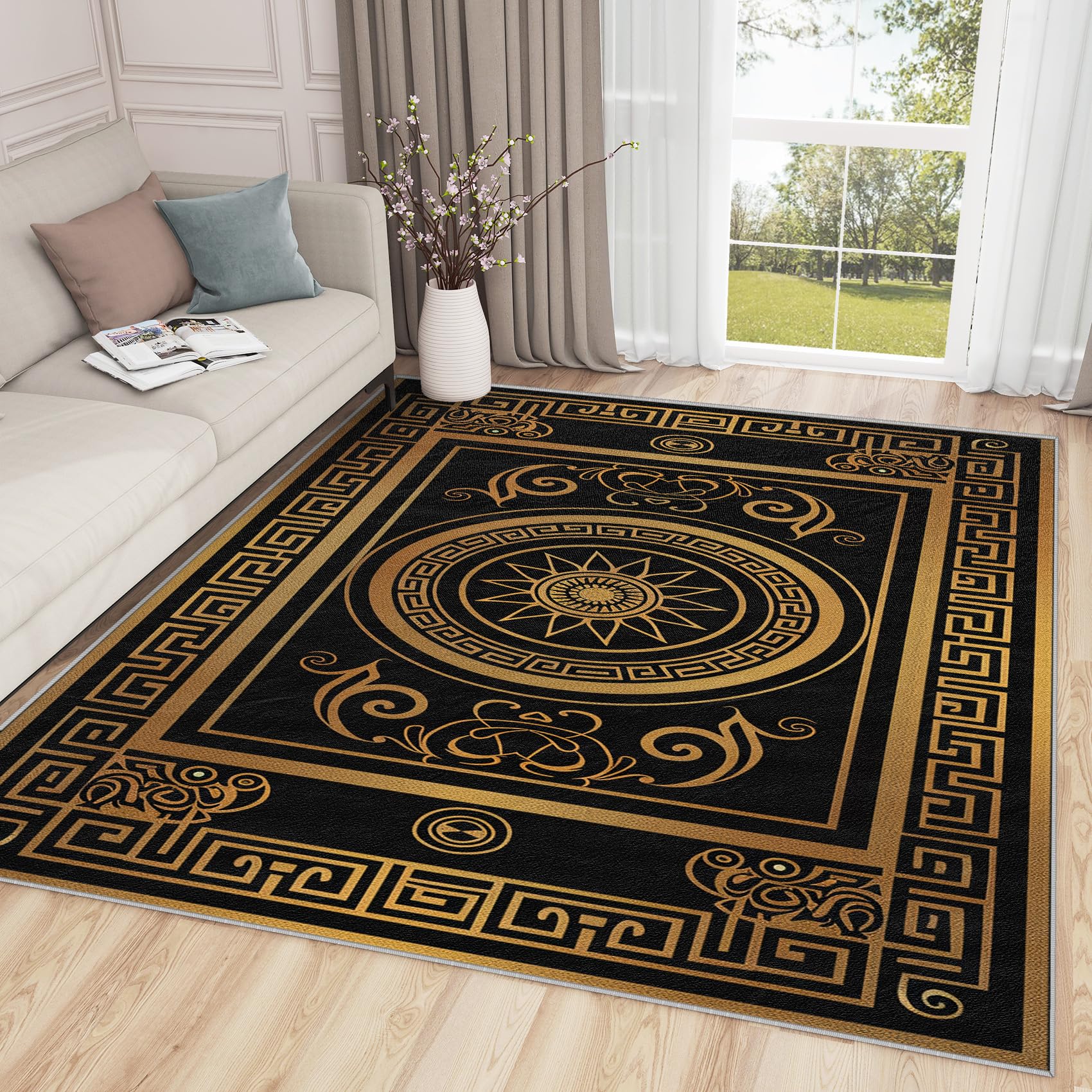 Zoainuos Washable Rugs for Entryway 3x5, Black and Gold Baroque Geometric Classic Luxury Area Rug, Super Soft Low Pile Doormat