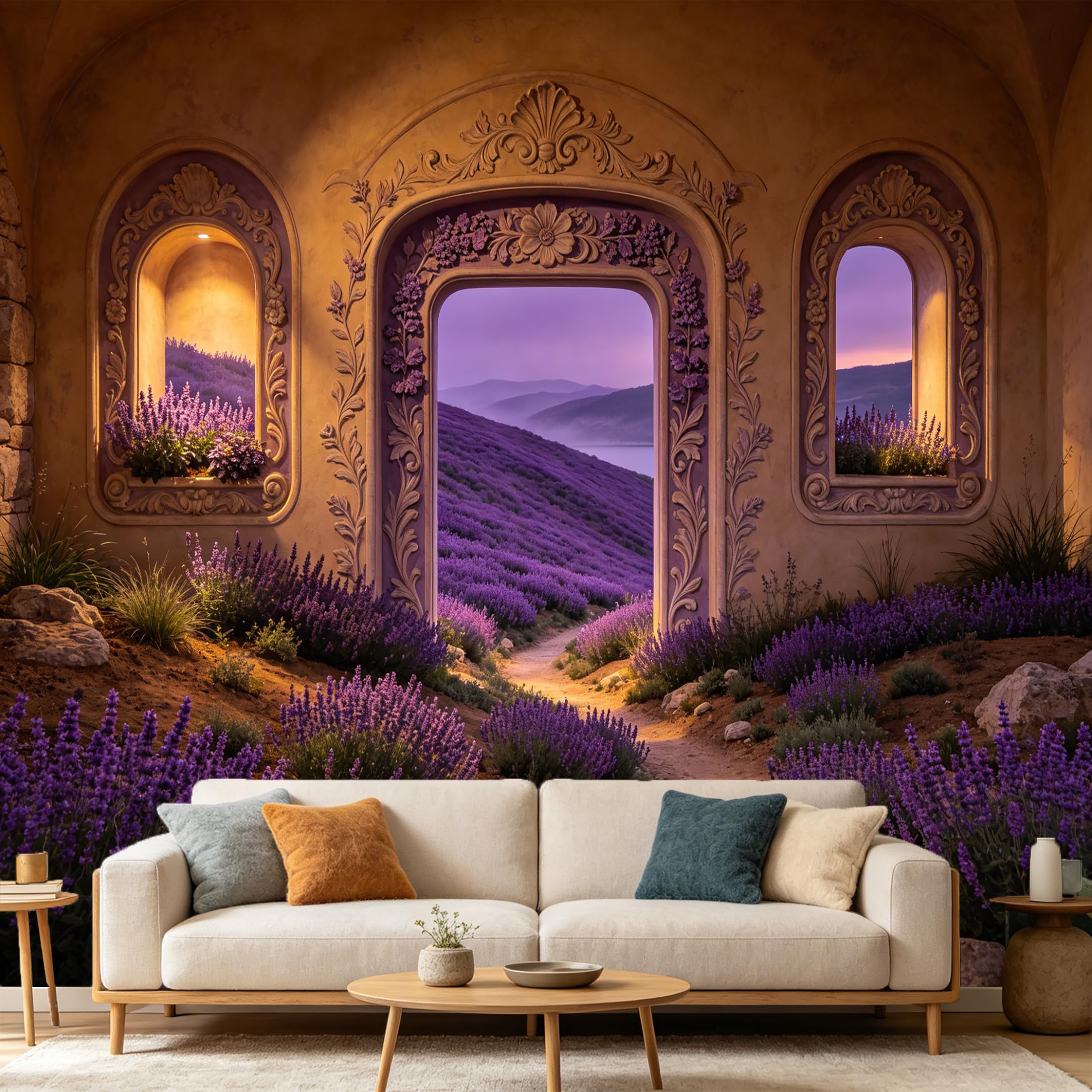 Custom Size Wall Mural， Provence Purple Floral Field Archway Landscape， SelfAdhesive Art Prints wall Fabric Removable Large Wallpaper Home Living Room Decor Aesthetic Backdrop