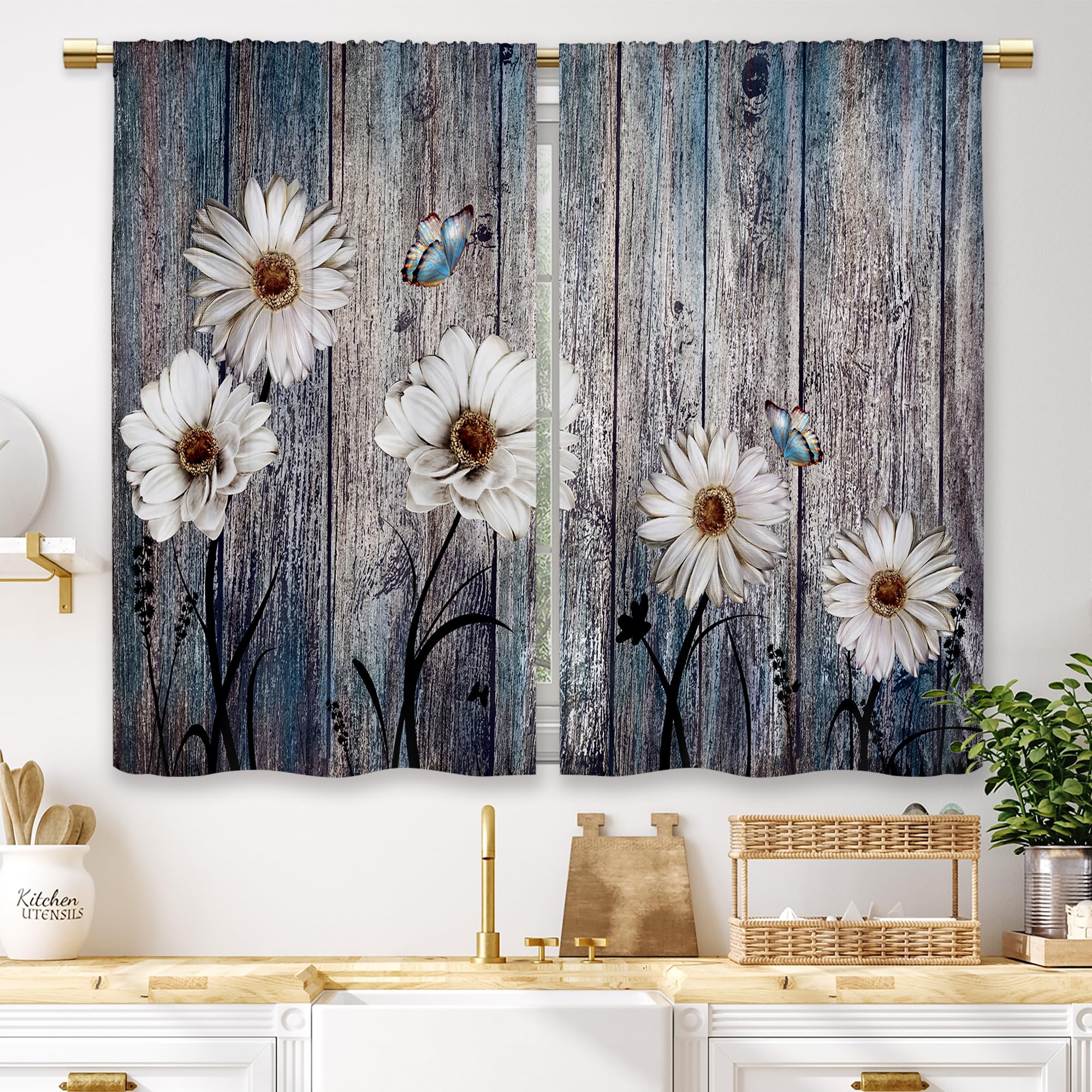 Laifzere Rustic Teal Wooden Daisy Kitchen Curtains Farmhouse Flower Barn Plant Small Short Cafe Window Curtains Floral Butterfly Bathroom Window Drapes Treatment Tier Curtains 2 Panels (27.5x39 Inch) — image 1