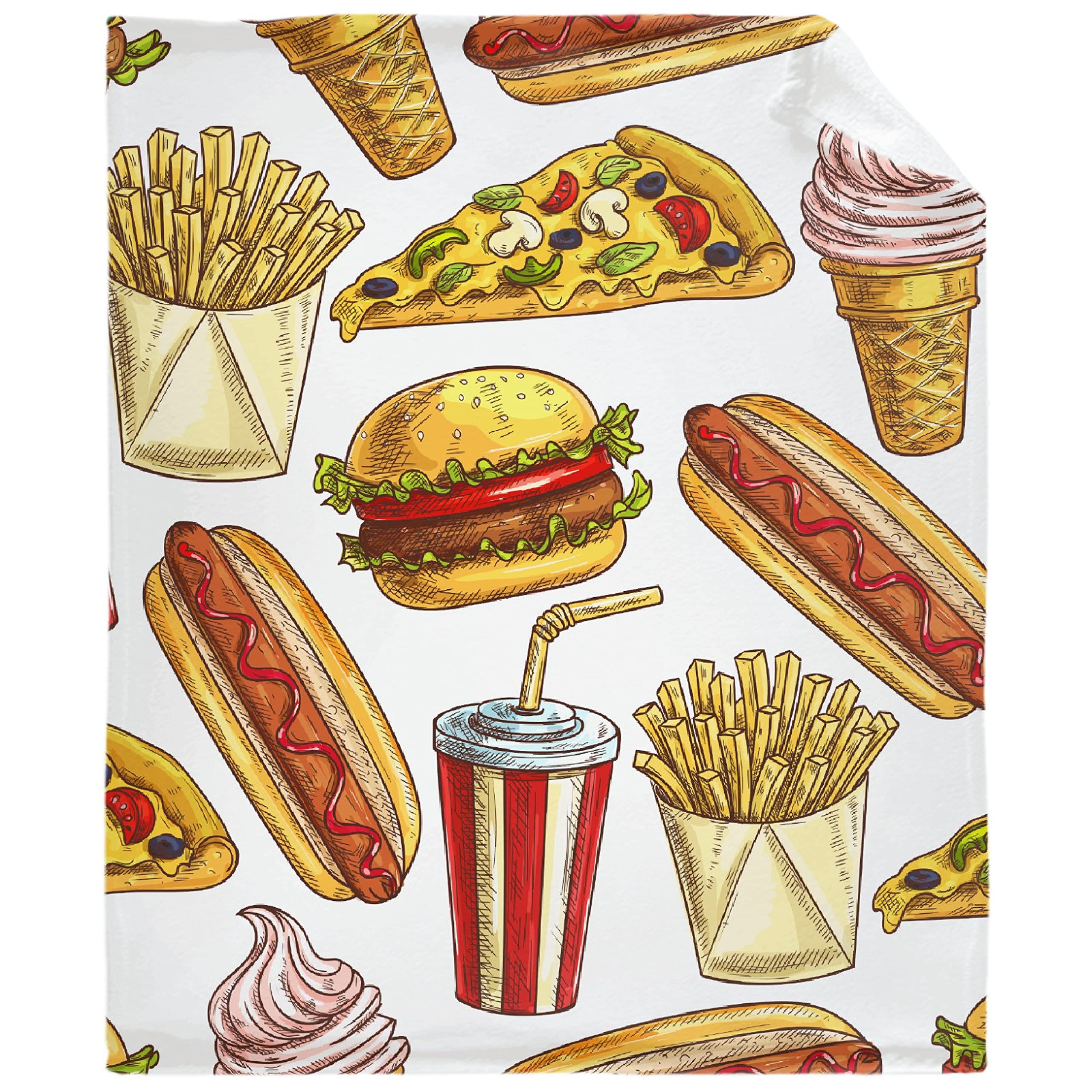 321DESIGNFast Food Burger Fries Pizza Ice Cream Fleece Flannel Throw Blanket Sherpa Microfiber Lightweight Plush for Couch Bed Sofa Car Kids Adults Pets All Seasons Multi-Size 50x40IN Kid Small