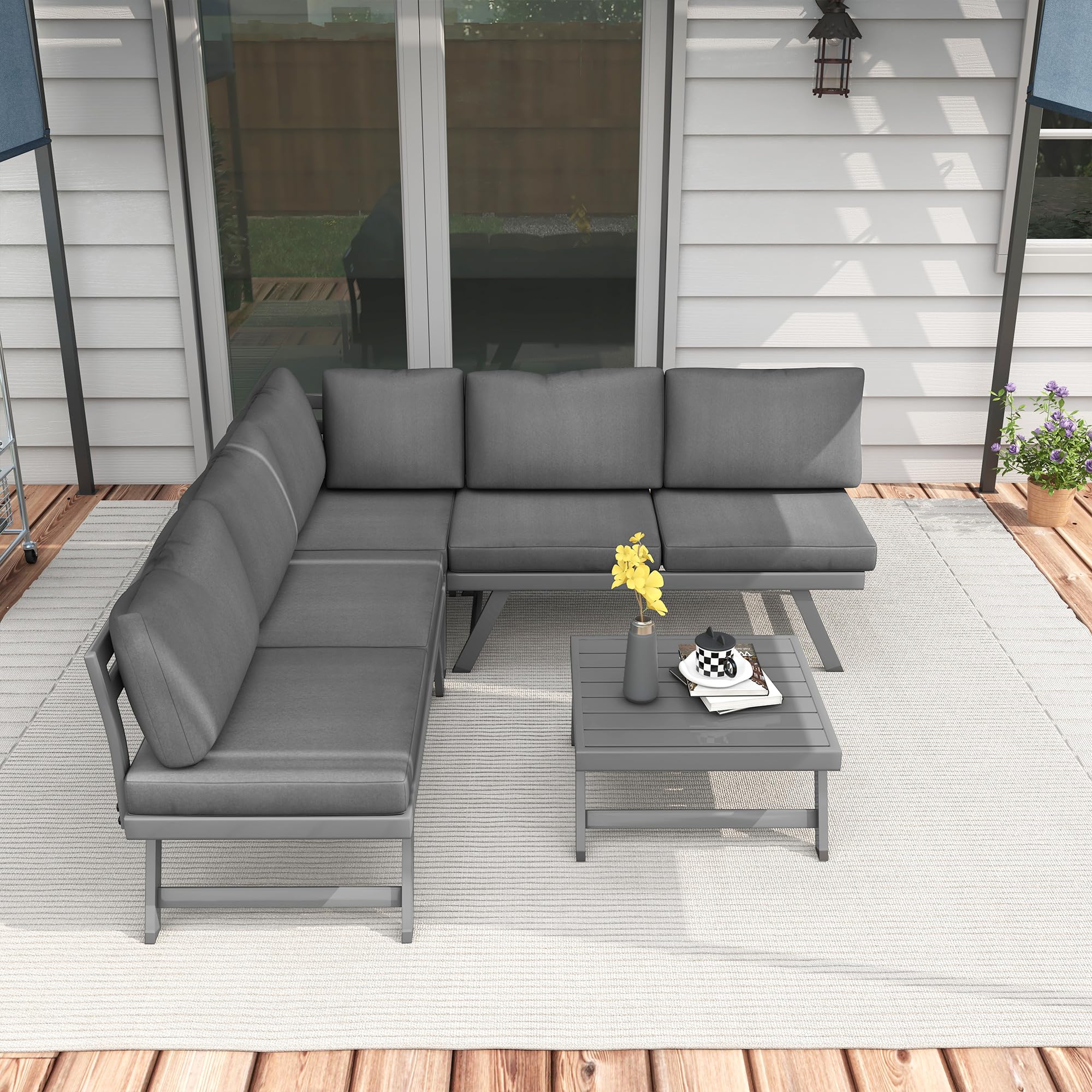 Outsunny Salon de Jardin Extérieur d'angle Convertible 4 Pièces Gris | 2 Banquettes, 1 Fauteuil, 1 Table Basse, Mobilier Aluminium et Acier, Terrasse Balcon