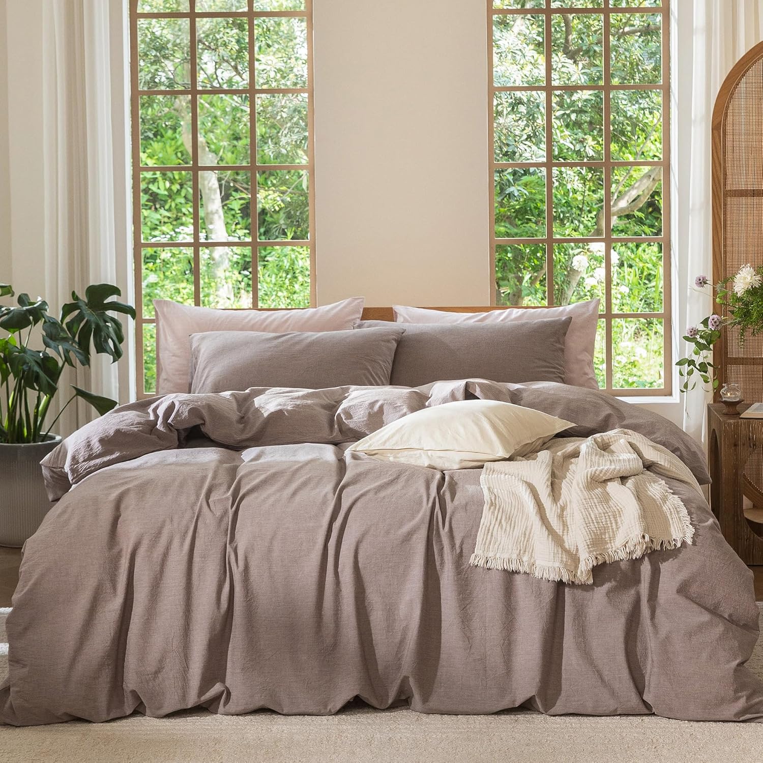 King Size Mauve Brown MooMee Bedding Duvet Cover Set 100% Washed Cotton Linen Like Textured Breathable Durable Soft Comfy (Heathered Mauve Brown, King 104x90)