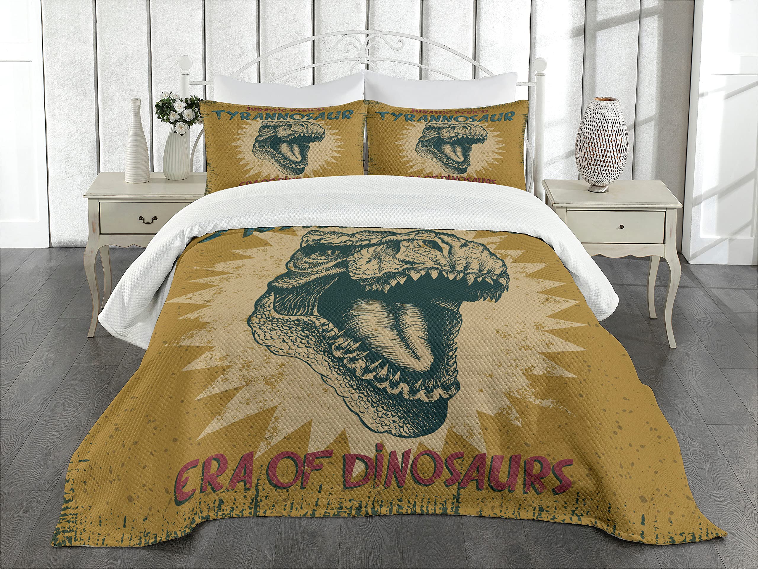 Ambesonne Retro Poster Bedspread Set, Grunge Style Vintage Tyrannosaur Dinosaur Jurassic Fossil Pattern Print, 3 Piece Decorative Bedding Coverlet and 2 Pillow Shams, Queen Size, Pale Coffee