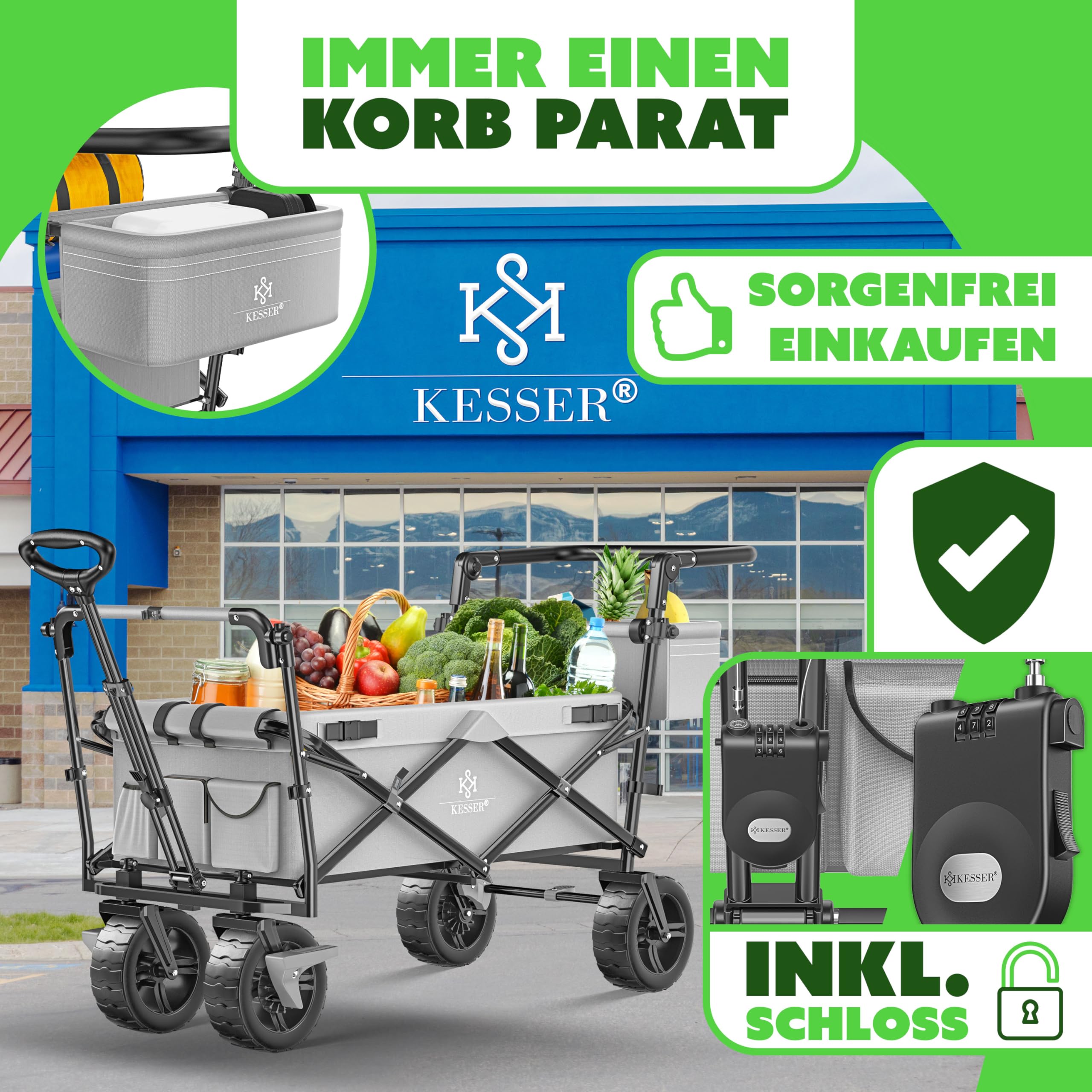 KESSER® Bollerwagen faltbar GT9000 Handwagen mit Dach | Transportwagen max. belastbar bis 150kg mit Hartgummi-Räder & Feststellbremsen (Vorne & Hinten) | Inkl. Schloss, Abdeckung, Wetter & Sichtschutz