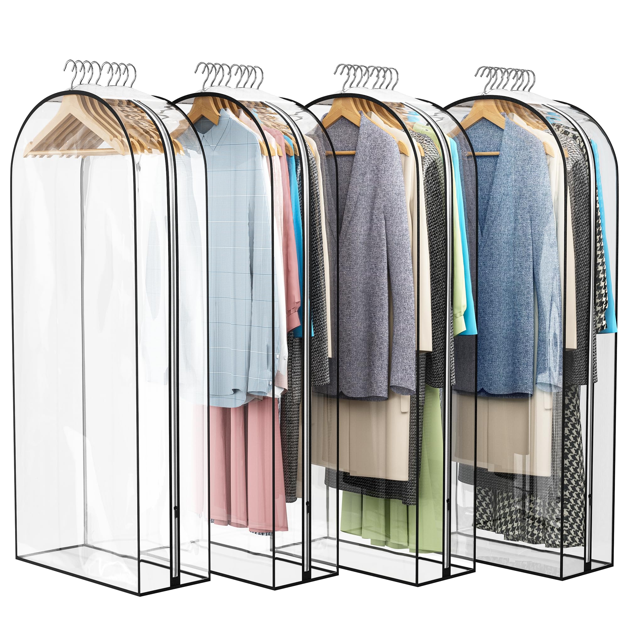 Clear Garment Bag for Hanging Clothes 10” Gusseted, 50” Suit Bags for Open Closet Storage Plastic Clothes Cover for Coat, Dress, Shirts, Fur, Jacket, Wardrobe Protectors, 4 Pack
