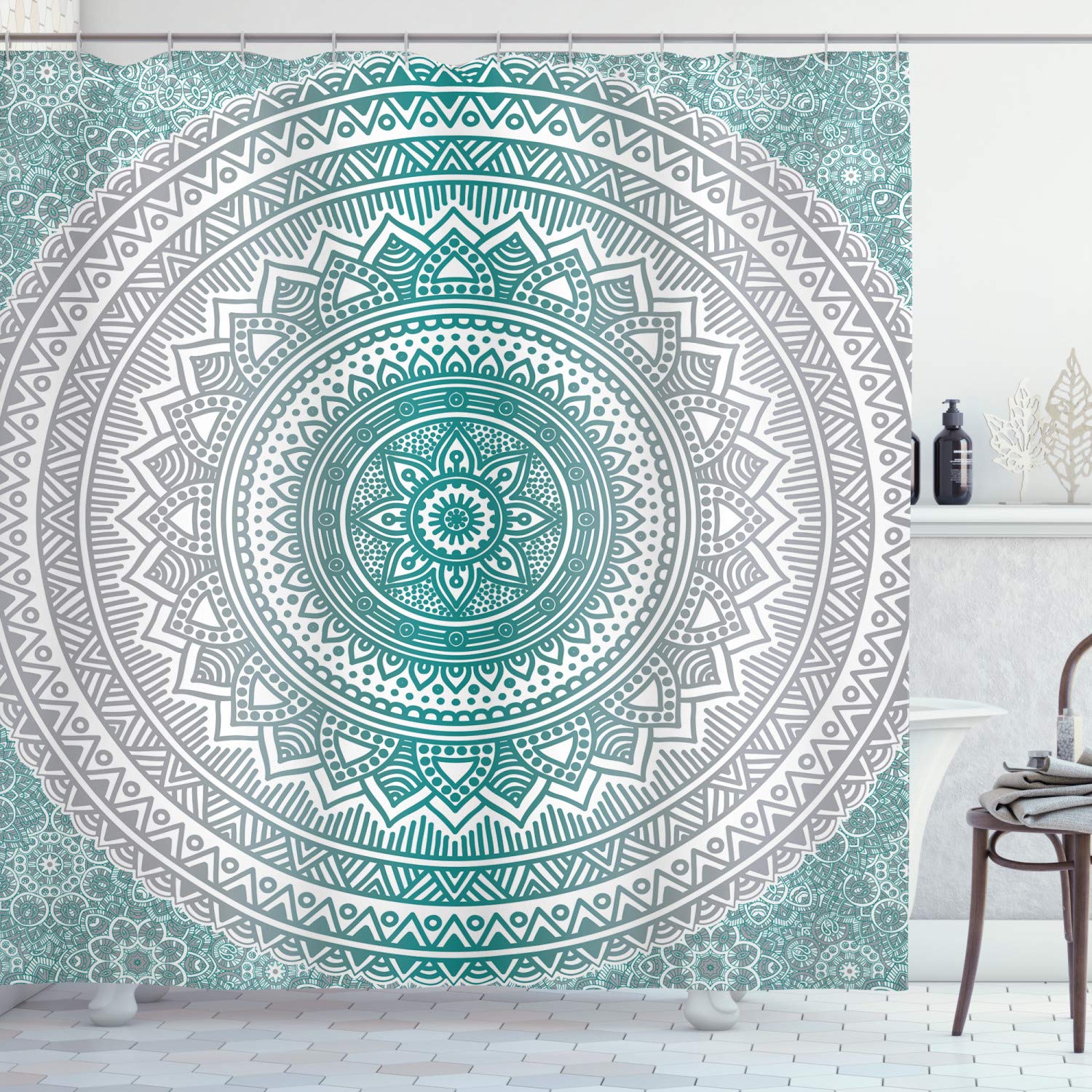 ABAKUHAUS Grey and Teal Shower Curtain, Mandala Ombre Design Space Geometric Center Point Boho Art, Cloth Fabric Bathroom Decor Set with Hooks, 86" Inches, Grey Teal โ image 1