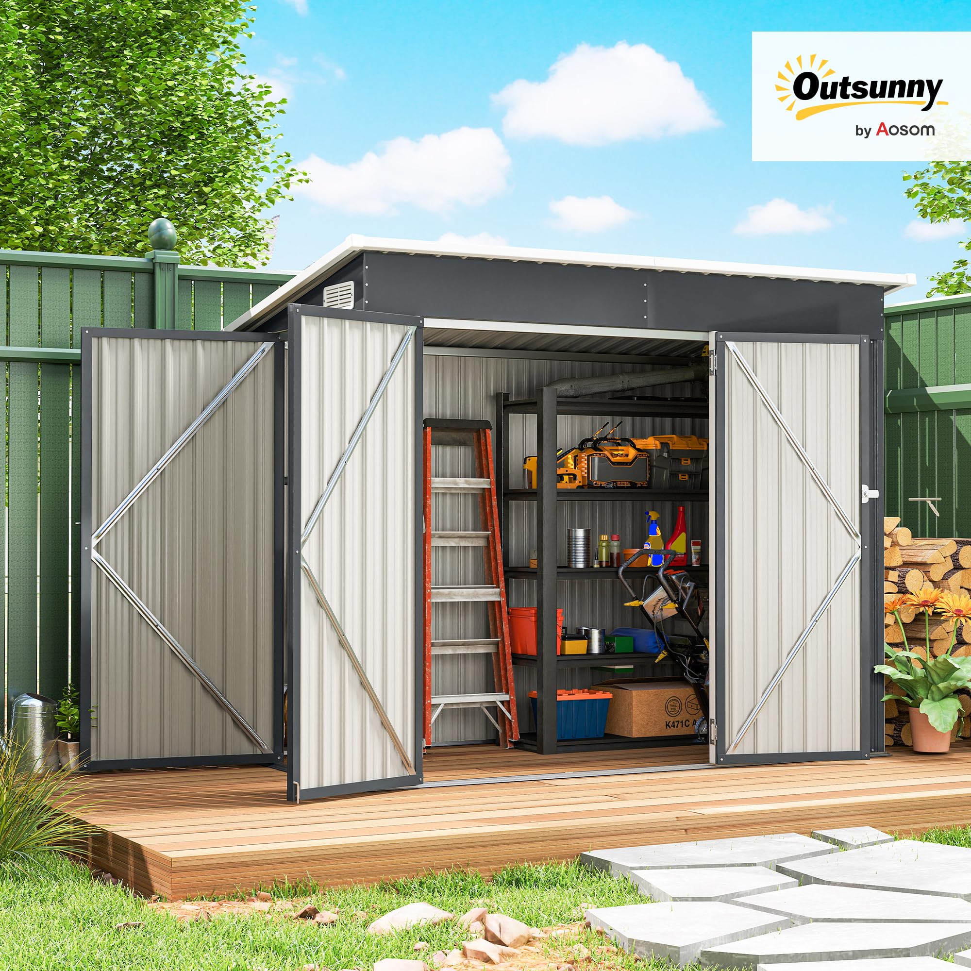 Outsunny Abri de Jardin métal 234 x 132 x 185 cm Triple Porte verrouillable Toit incliné Acier galvanisé Gris foncé