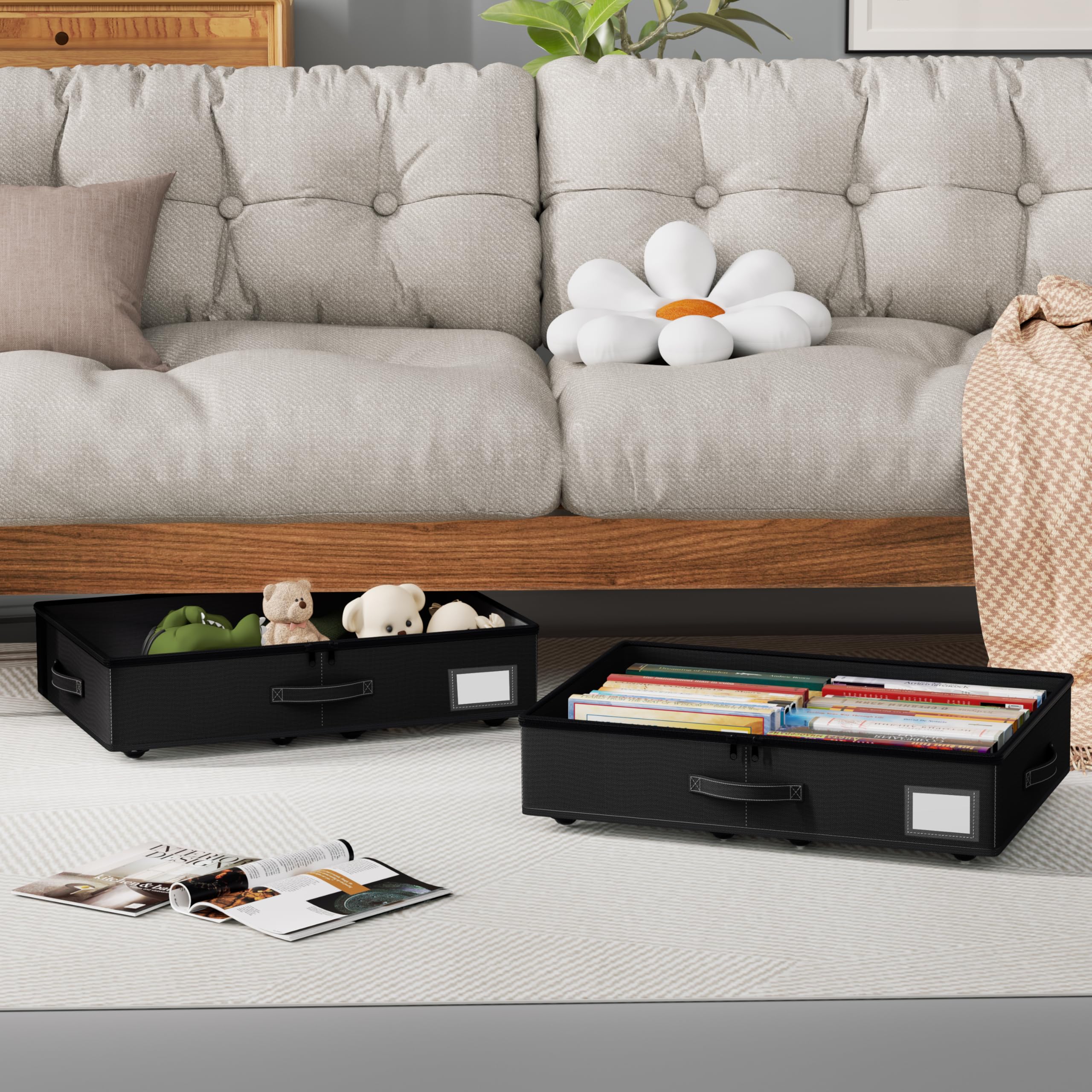 EE-RoomWorld Unterbettkommode mit Rollen, kein Zusammenbau erforderlich, 14 cm Höhe, Unterbett-Aufbewahrung, niedriges Profil, rollbare Schuhaufbewahrungsbehälter, für Kleidung, Decken