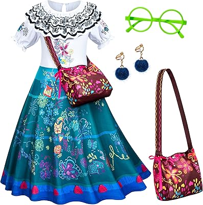 Kaisebile Princess Mirabel Costume Encanto Dress for Girls Birthday Halloween Dress Up with Bag Glasses Earrings Accessories