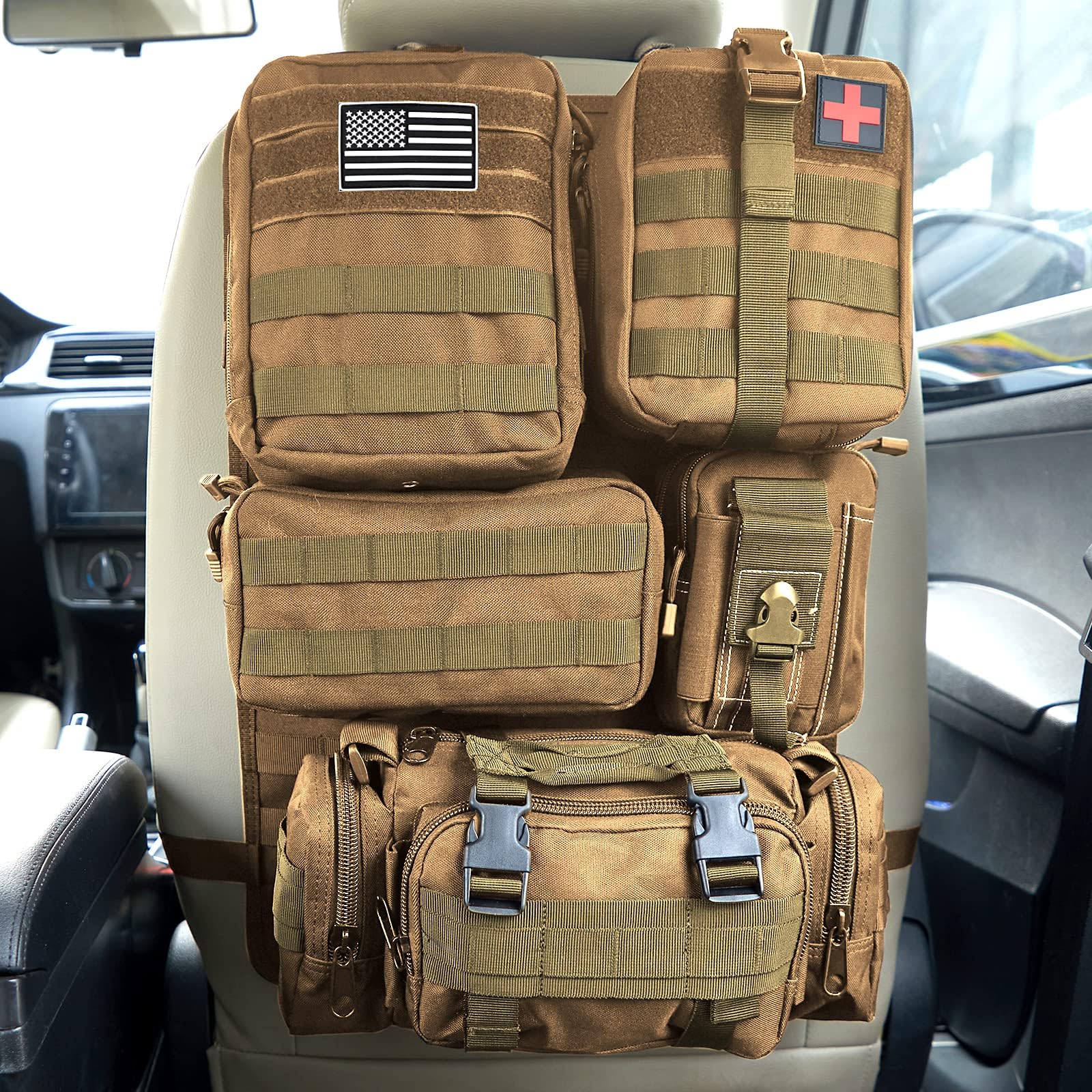 Universal Tactical Car Seat Back Organizer Bag Tactical Molle Vehicle Organizers Panel Vehicle Protector Organizers with 5 Detachable Pouches for Car Truck Ford Jeep (Khaki)