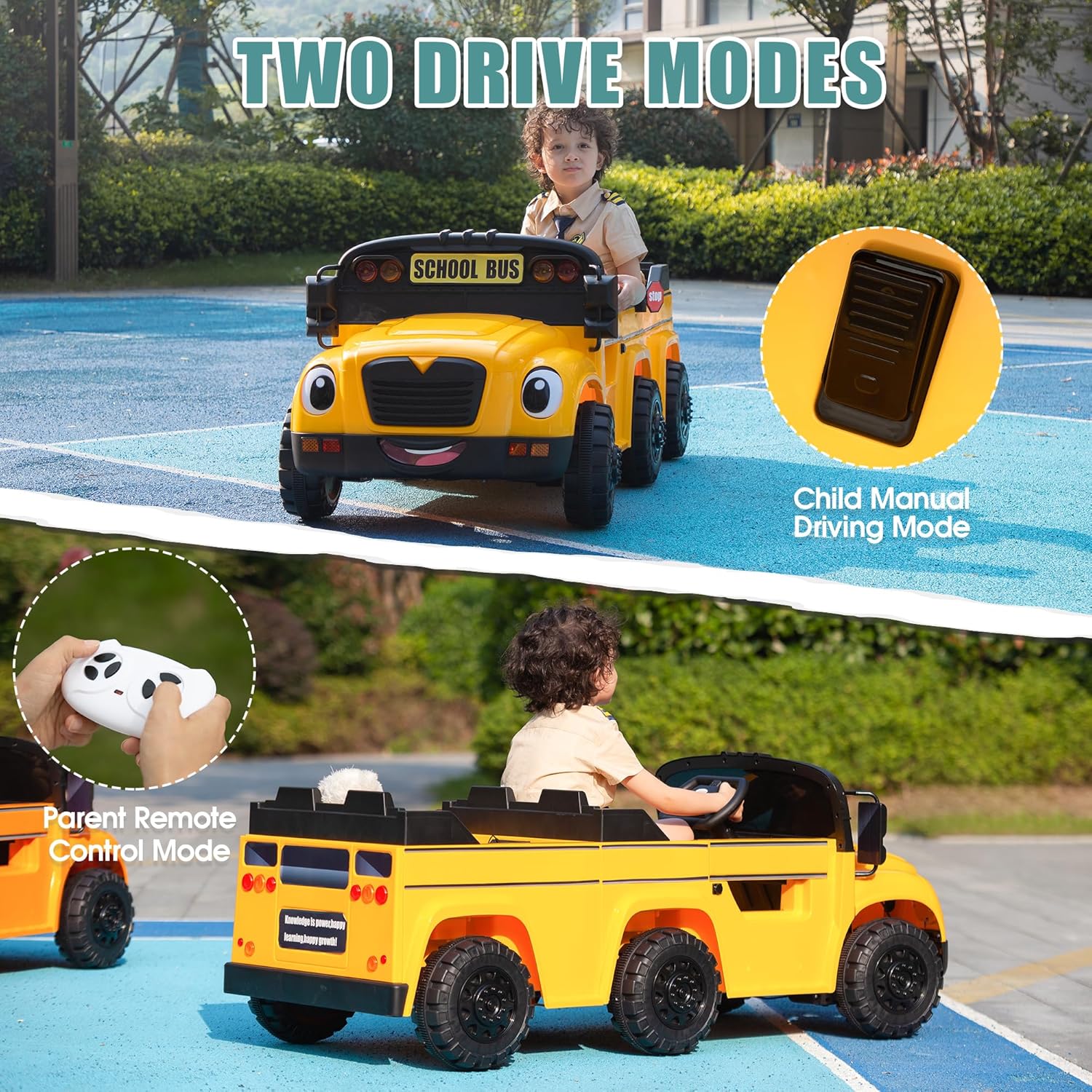 TOBBI 2 Seater Kids Eletric Ride on School Bus Toy, 35W-4WD Battery Powered Car with Remote Control/6 Wheels/Horn/LED/Music for Toddlers 3-8 Years, Yellow
