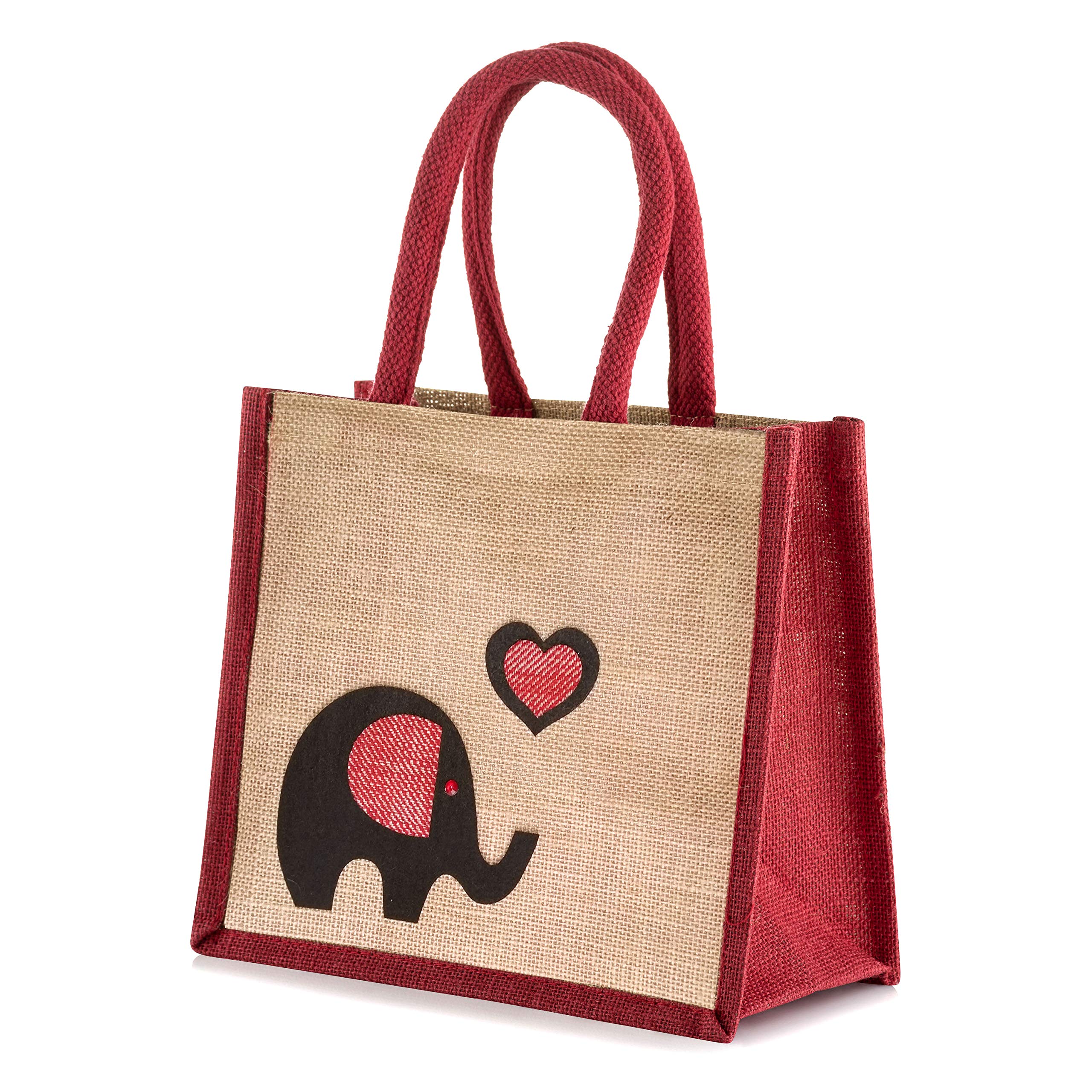 Jute Hessian Lunch Gift Bag - Elephant Design (Red)