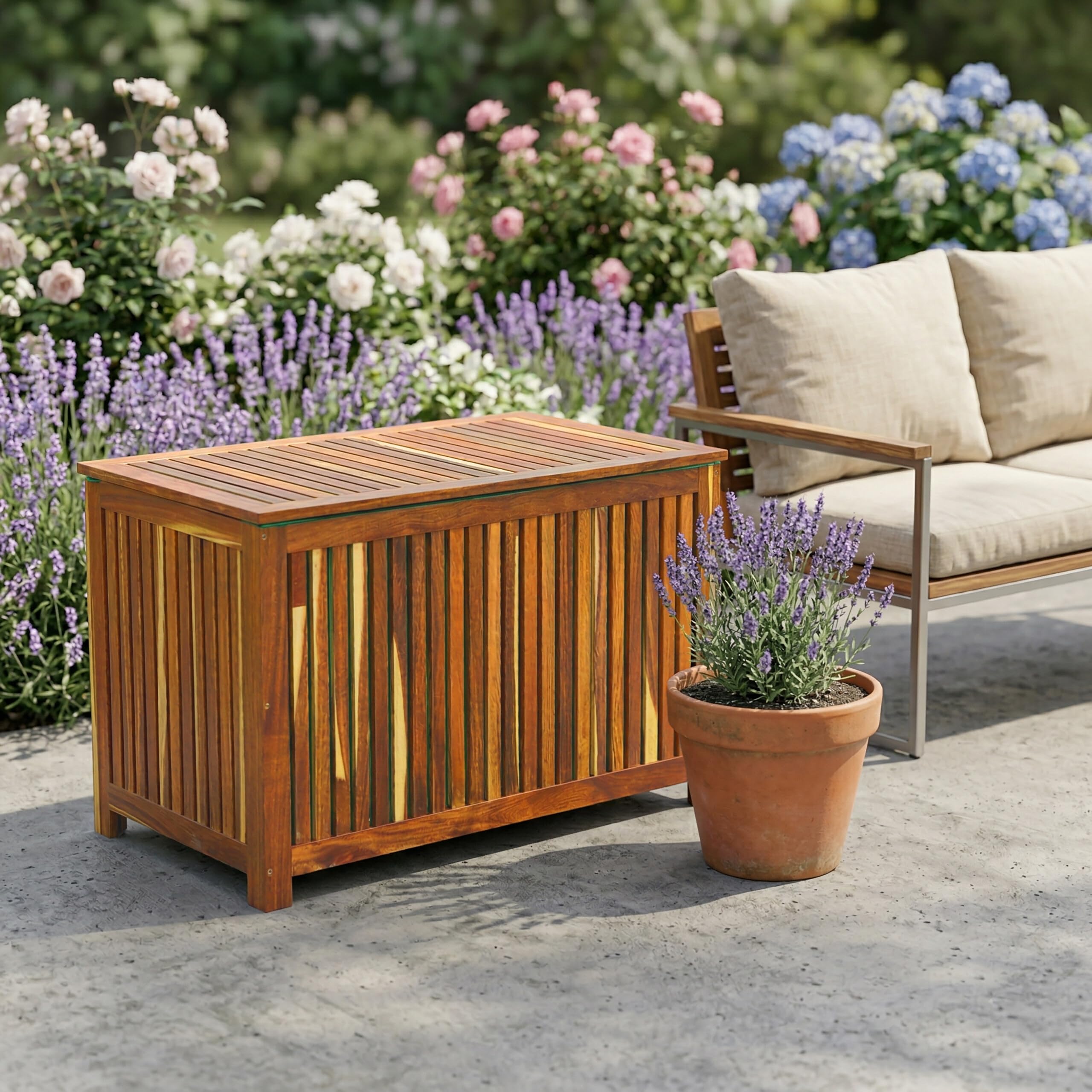 Relaxdays Cassapanca da giardino 60x60x50 cm in legno di acacia, naturale | con fodera impermeabile, cuscini e attrezzi