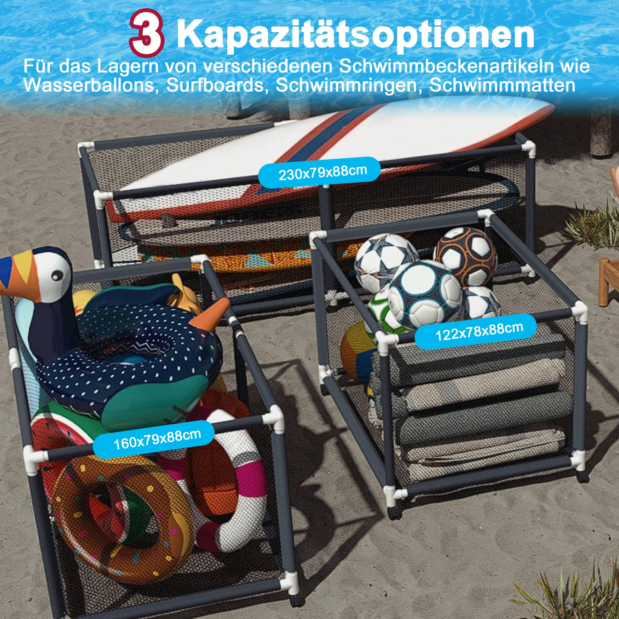 YRHome Pudełko do przechowywania basenu, organizer na kółkach, 122 x 78 x 88 cm, pojemnik do przechowywania o dużej pojemności, siatkowy organizer na sprzęt basenowy, makaron basenowy, zabawki i
