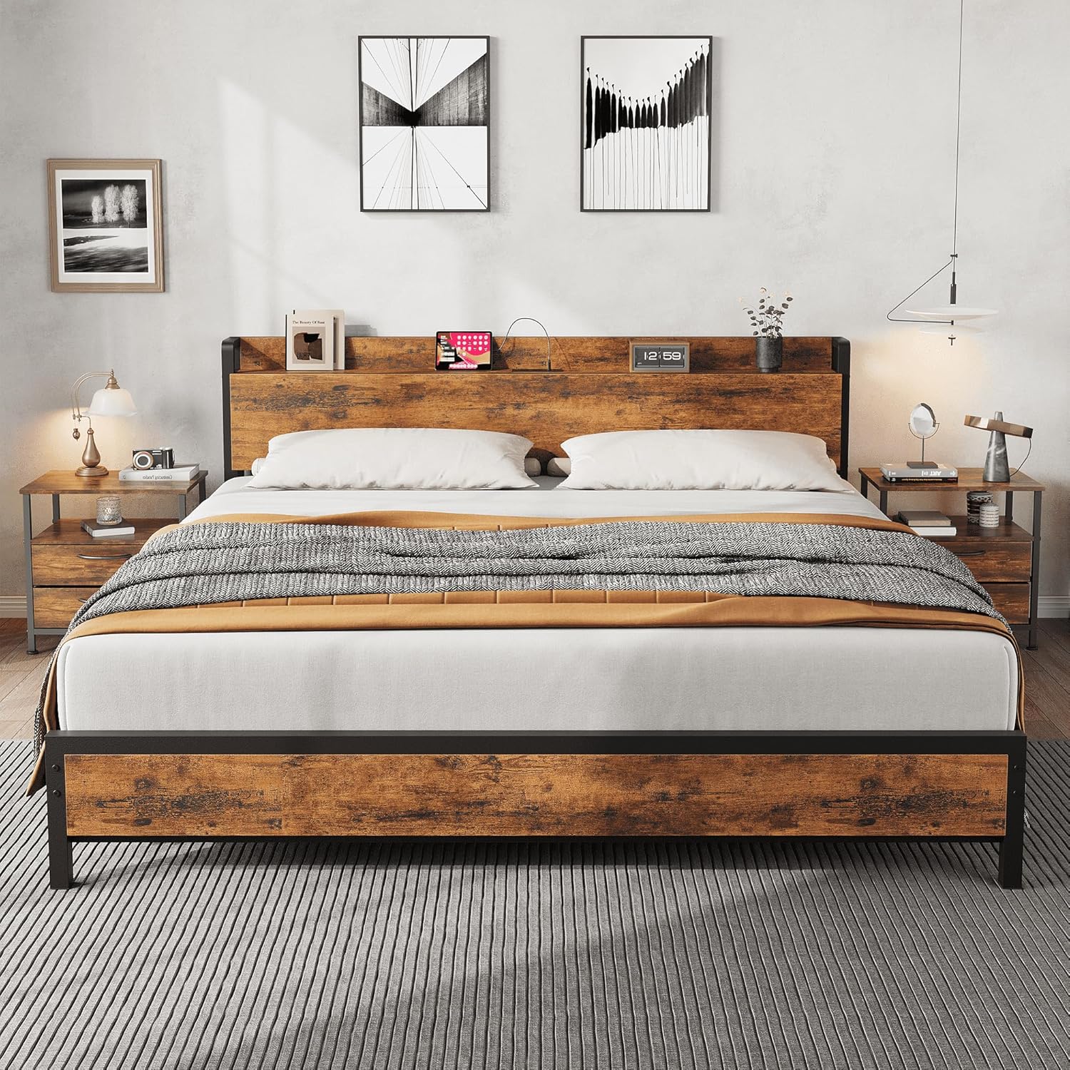 GarveeHome King Size Bed Frame Charging Station with 2 USB Ports & 2 AC Outlets, Heavy Duty Metal Bed Frame with Wooden Headboard and Footboard, No Box Spring Needed, Easy to Assemble, Brown