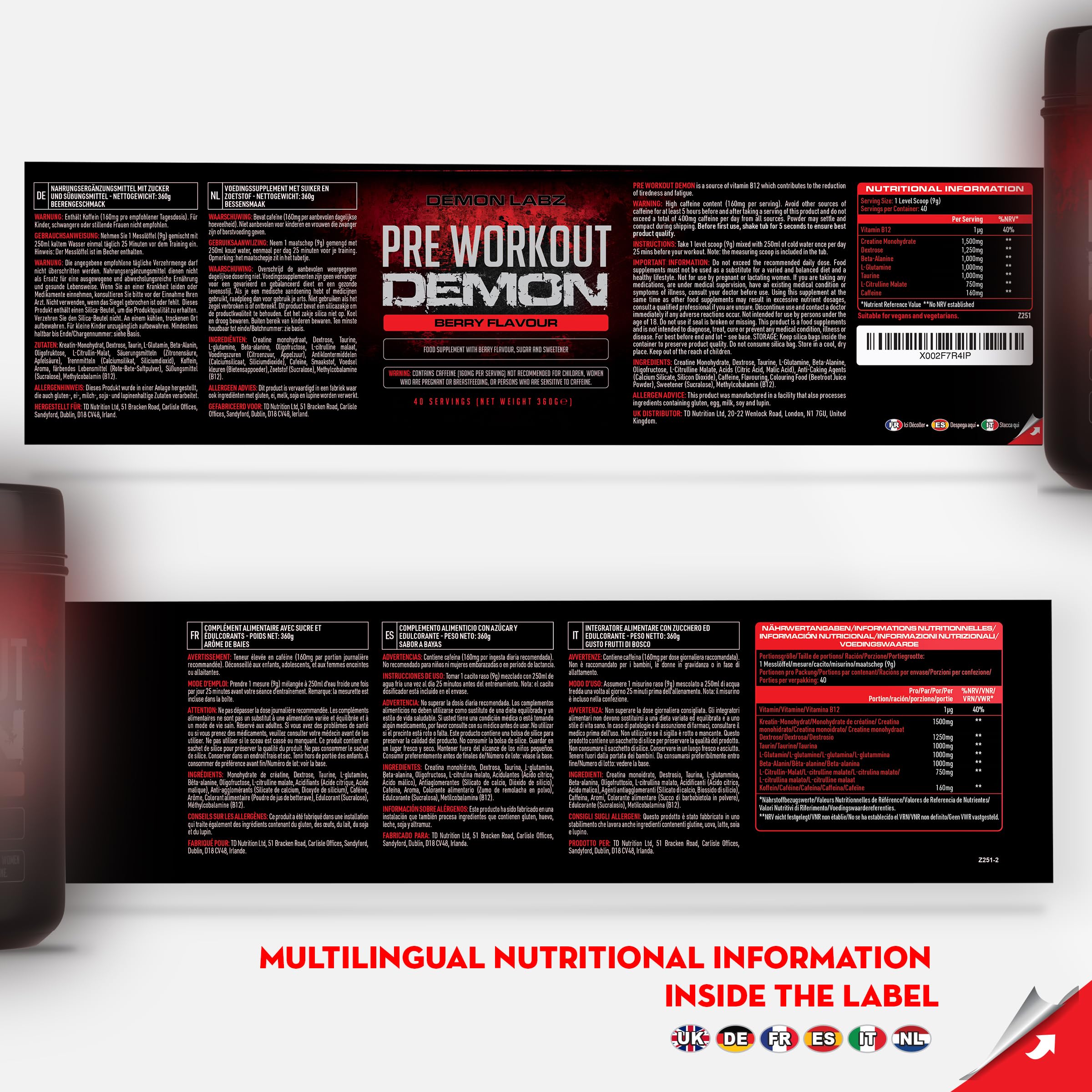 Pre Workout Demon Frutti di Bosco - Potente con Creatina, Caffeina e Beta Alanina - Preworkout per Bodybuilding con Pump ed Energia - Integratore Pre Workout in Polvere - 40 Porzioni