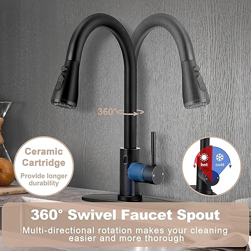 Miniatura 6 de Herogo - Grifo de fregadero de cocina sin contacto con rociador extraíble, grifo con sensor de movimiento de acero inoxidable 1810 negro mate para