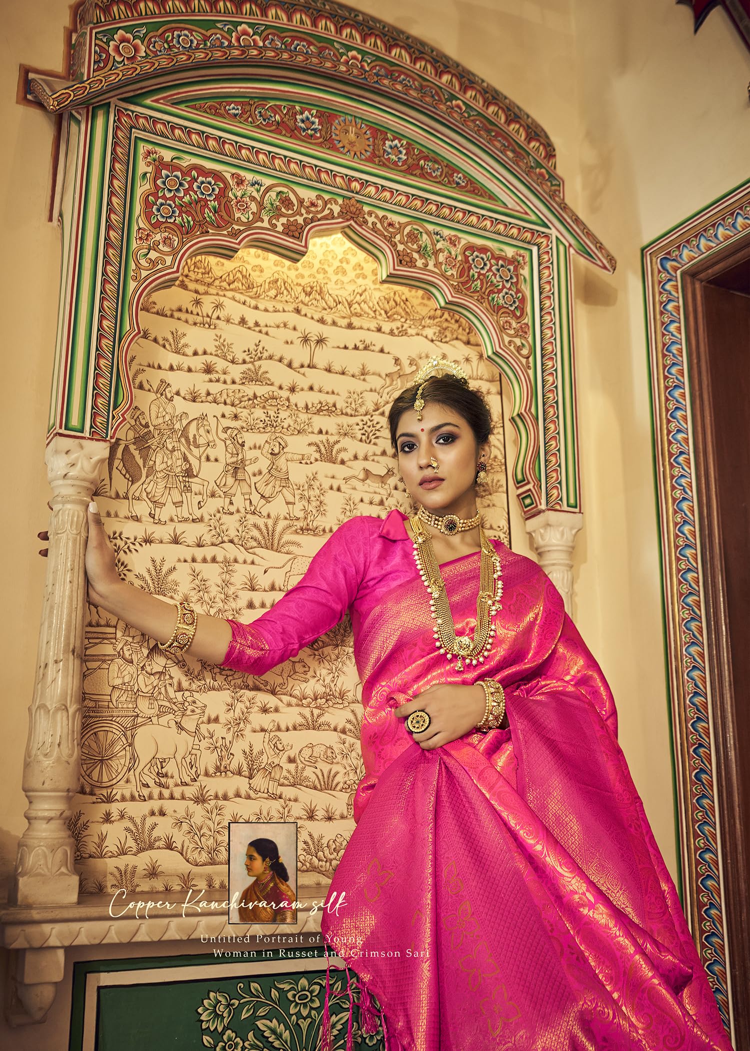 Pujia Mills Womans Handloom Banarasi Silk Saree With Zari Weaving Indian Ethnic Wear Jacquard Silk Saree Weaving Zari Border Saree Pink Color Wedding Saree For Bridal