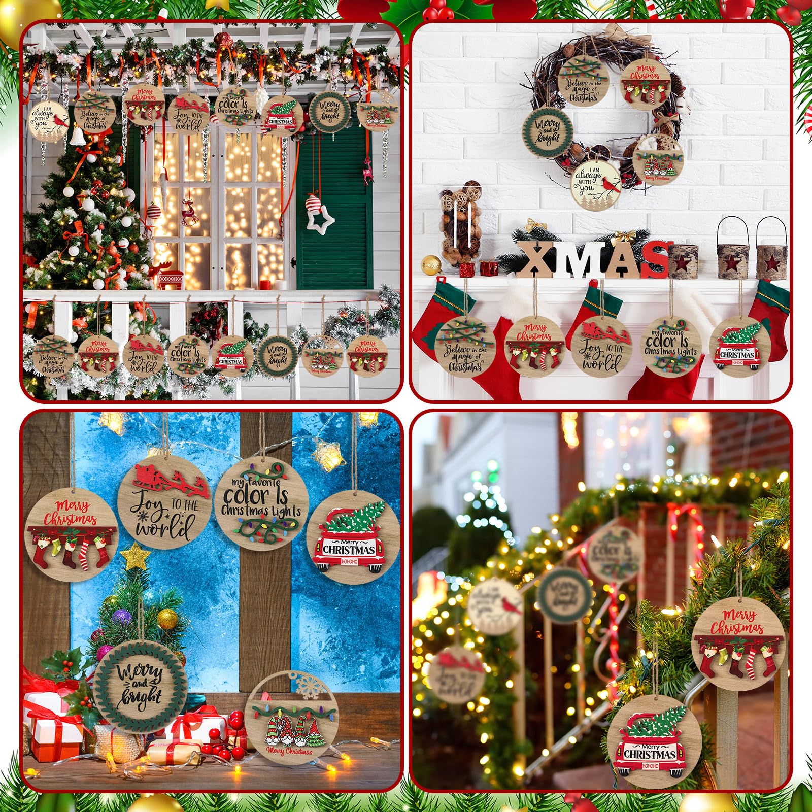Huwena 24 adornos colgantes de madera 3D de Navidad, adornos de gnomo cardenal para decoración de casa de campo, redondos, camiones, coronas de Navidad, manualidades para decoración del hogar