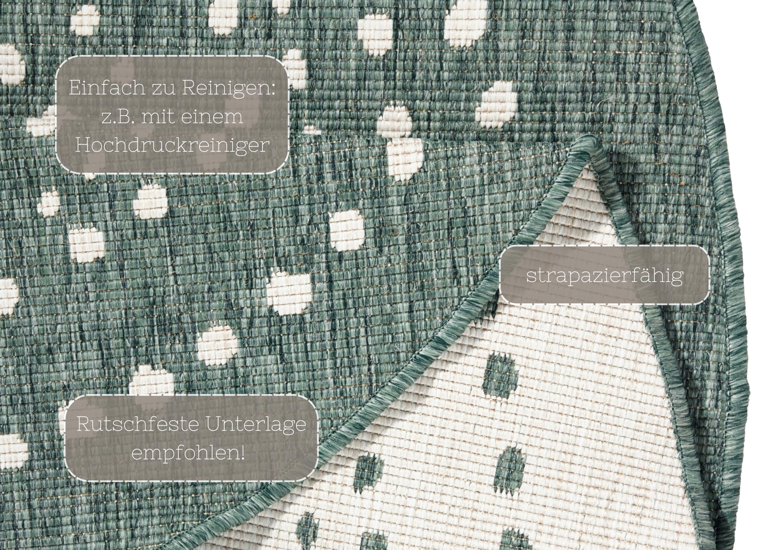 NORTHRUGS In- und Outdoor Teppich Bali Rund ⌀140cm - Wendeteppich Wetterfest Modernes Punkte Design Läufer für Balkon Terrasse Garten Wintergarten Wohnzimmerteppich Wasserfest in Grün Creme