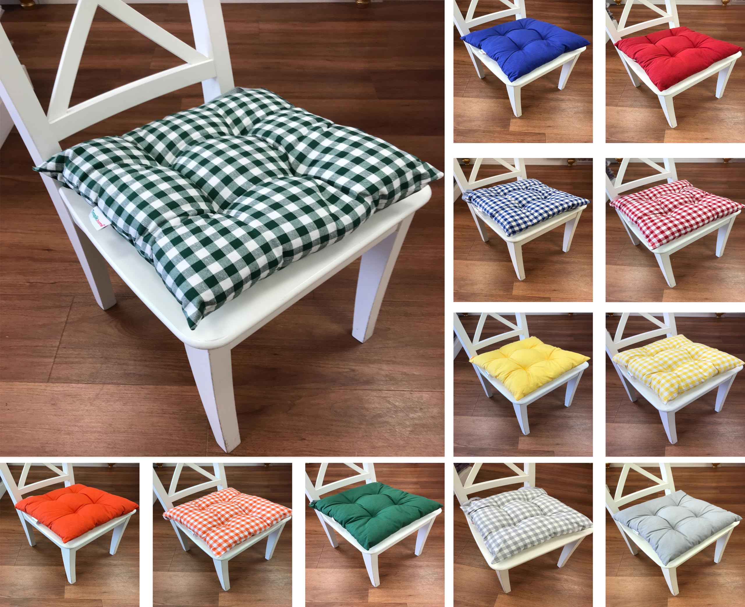 Tropik Home Colourful Seat Pads, Garden Kitchen Dining Chair Cushions Tie On (Green Gingham) — image 1