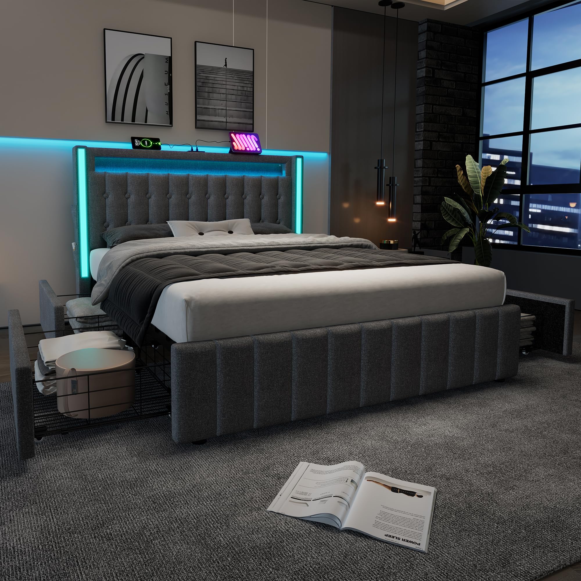 Rtopsu Letto Imbottito Letto Matrimoniale 140x200 cm con LED e USB Typ C Testata, Letti con 4 Cassetti, Struttura del Letti con Metallo e Rete a Doghe in Legno, Lino, Grigio, Senza Materasso