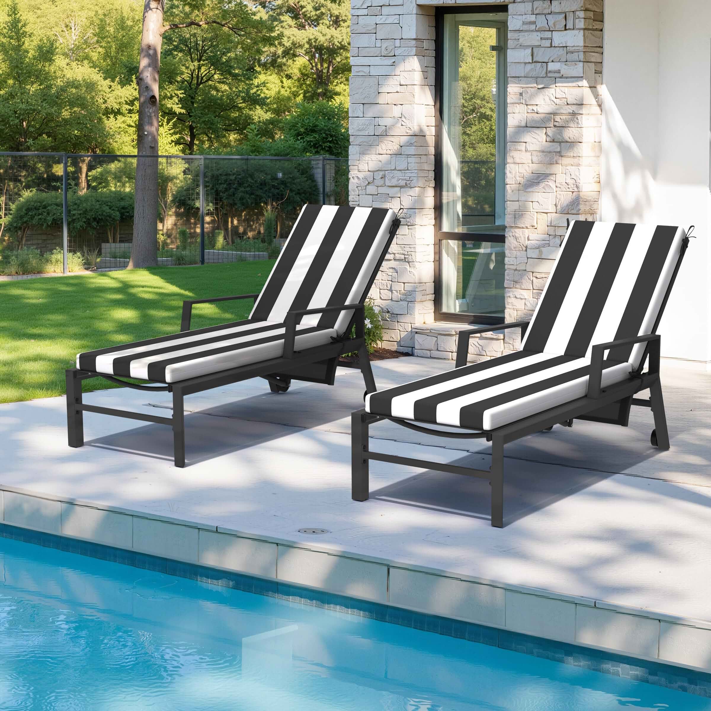 Crestlive Chaise Lounge Cushions Outdoor Set of 2, 72"x21", Water Resistant Pool Lounge Chair Cushions with Removable Cover, Fade Resistant Lounger Cushions for Patio Furniture, Stripe Black+White
