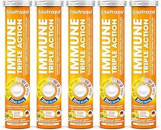 Nutrazul Immune Triple Action Effervescent Tablets - Vitamin C 1000 mg, Vitamin D 400 IU, Zinc 10mg I Orange 20's ( Pack of 5) I Gluten Free, Sugar Free, Lactose Free & Preservative Free I Maintains Immune Function, Healthy Bones, Cartilage, Teeth & Gums I Antioxidant For Physical & Mental Health