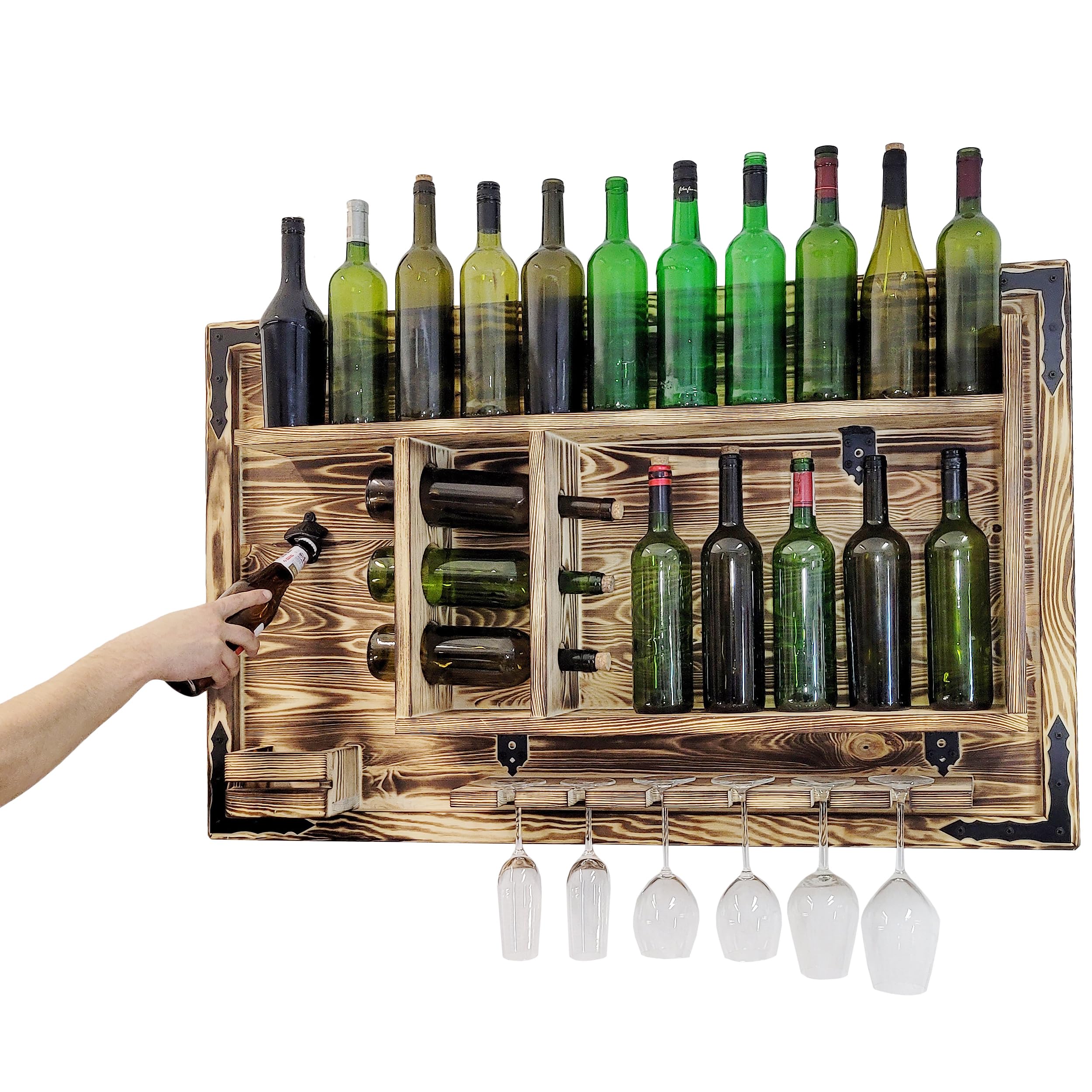 weeco Étagère en bois pour bar à la maison à suspendre - Fabriquée à la main - Style rustique - Étagère murale en bois - Pour bar à vin - Cadeau pour homme - Image 3D en bois