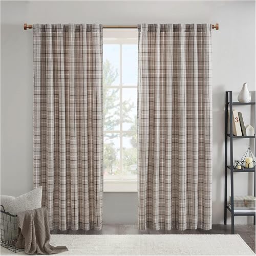 Madison Park Anaheim Cabin Plaid Curtain Window, Thermal Insulated Fleece Lining, Living Room Decor Room Darkening Drape for Bedroom, 1-Single Panel Pack, 50x108, Rod Pocket & Back Tab, Brown