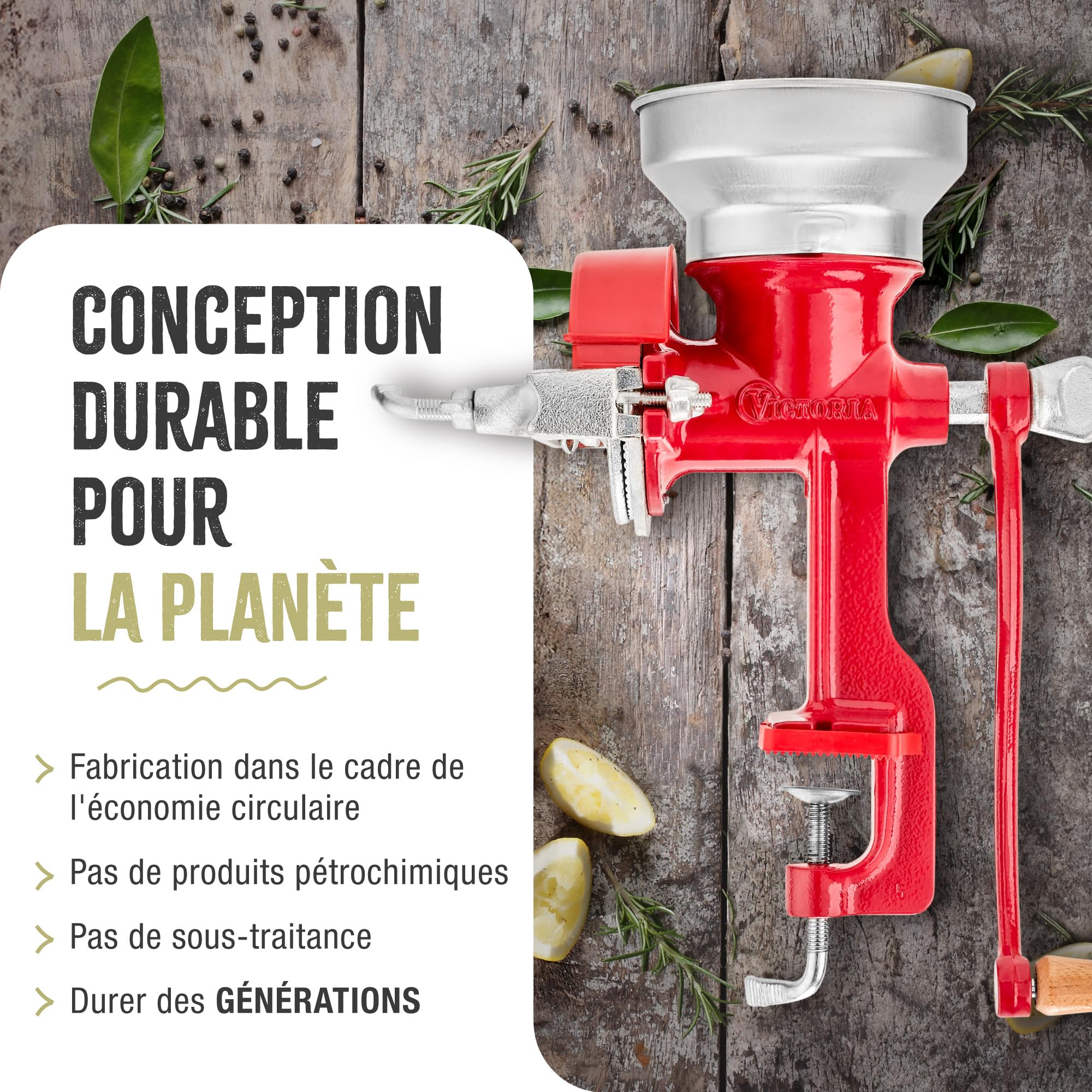 Victoria Moulin à Grains Manuel, Moulin à Main en Fonte pour Moudre le Café, le Maïs, l'Avoine, les Graines, Broyage Réglable, Trémie Basse, Grain Grinder avec Pince de Table, Rouge