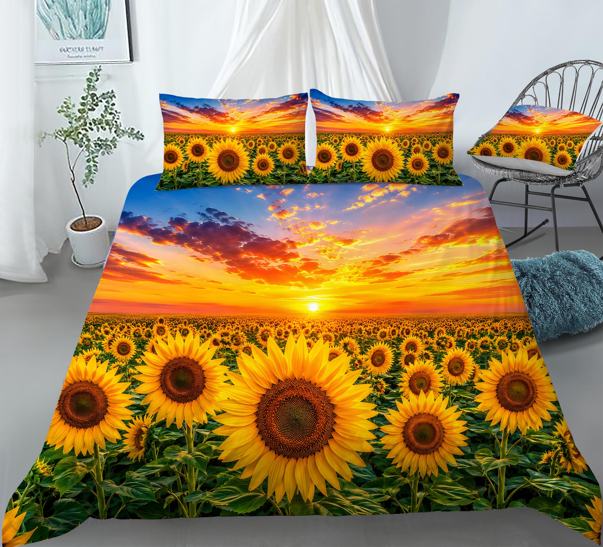 REALIN Set Biancheria Letto Girasole Copripiumino Oro Verso Il Sole 2/3/4PCS Copripiumini/Lenzuola/Federe,Singolo,Matrimoniale,King