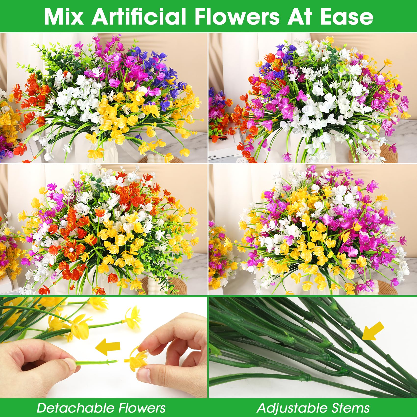 8/12//18/24 fasci di fiori artificiali per esterni, fiori autunnali per esterni, resistenti ai raggi UV, fiori finti in plastica, piante che non sbiadiscono, arbusti vegetali finti per casa, giardino