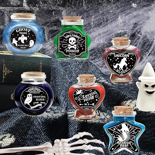 Miniatura 1 de Decoración de Halloween para interiores, 6 botellas de poción con 8 calcomanías de etiqueta de bruja en blanco y negro, bandeja escalonada para
