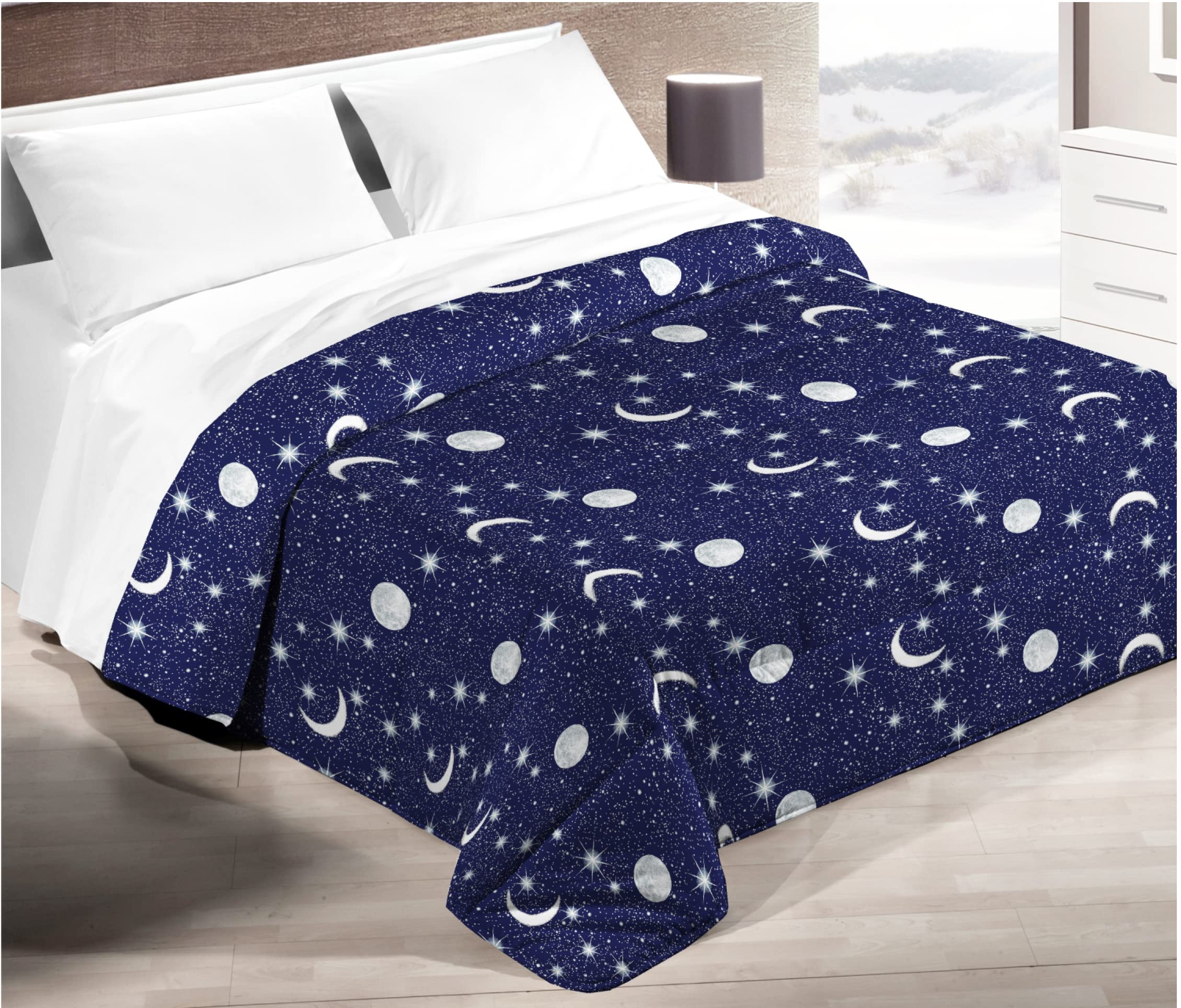 Tata Home Trapunta Invernale Matrimoniale 260x260 cm Imbottita 300 gr/mq Piumone Caldo Pesante Blu Stelle Luna Made in Italy Mod. Cielo Stellato