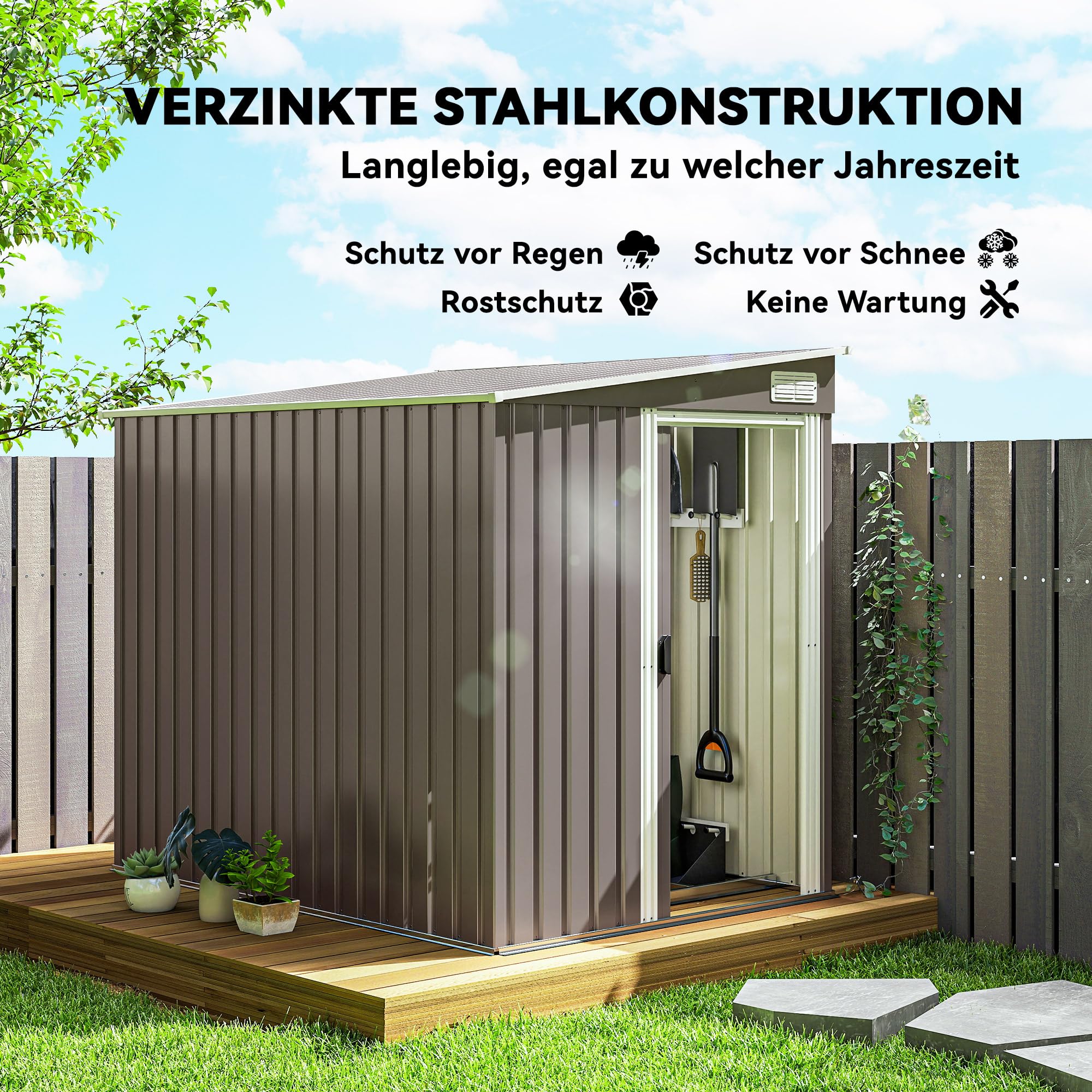 Outsunny Metall Gerätehaus 2,81m² 154x206,5x181 cm Geräteschuppen mit Pultdach Schiebetür wetterfest Hellgrau