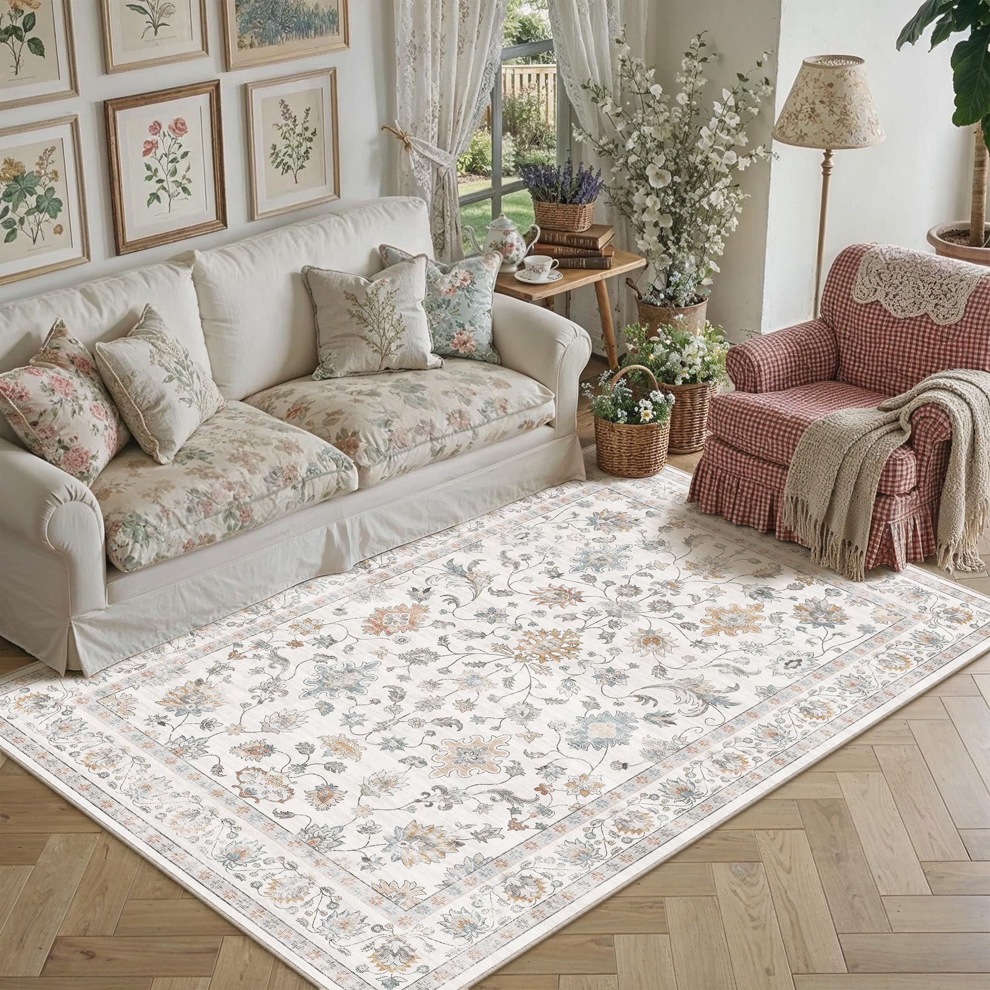 PureCozy 160x230 cm Washable Rugs Living Room, Floral Vintage Soft Area Rugs with Non-Slip Backing, Machine Washable, Lightweight Low-Pile Carpet for Office Dining Room, Grey — image 1