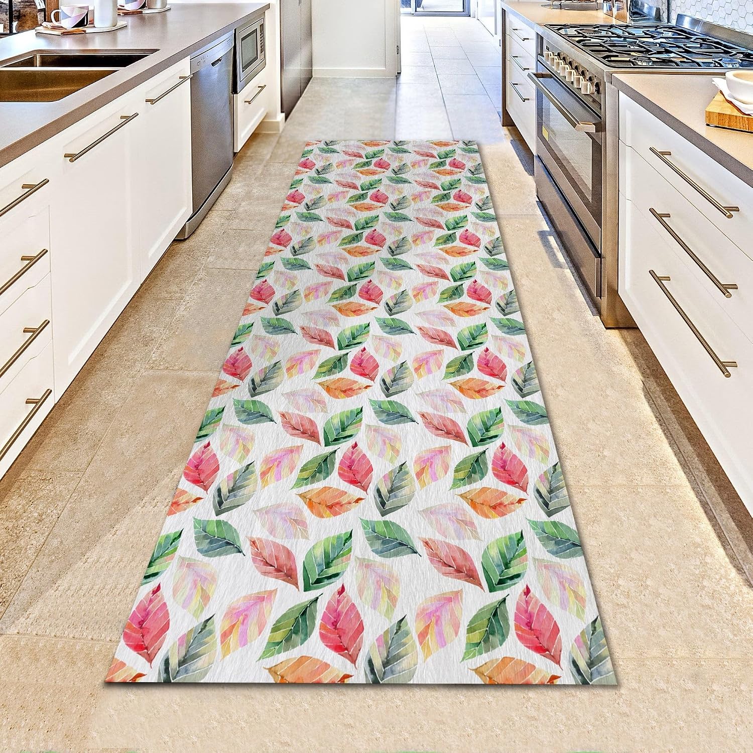 Colorful Leaves Runner Rug for Kitchen Hallway Corridor Entryway Floral Large Carpet Long 3.3x15 Feet Natural Modern Leaf Home Decor Thick Soft Plush Mat