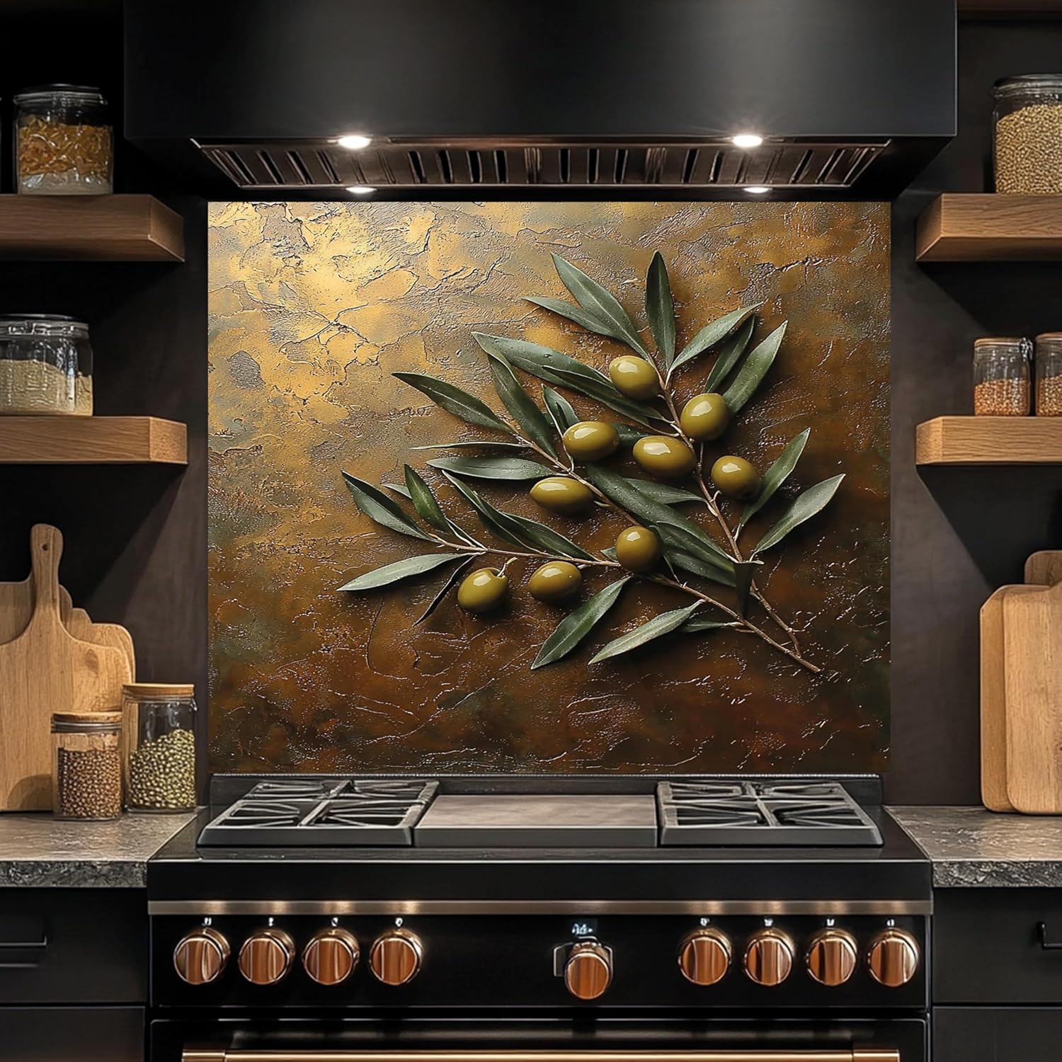Tempered Glass Backsplash for Kitchen, Olive Branch Design Glass Backsplash, Copper Look Backsplash for Kitchen Wall, Rustic Kitchen Backsplash, Easy to Install Stove Backsplash