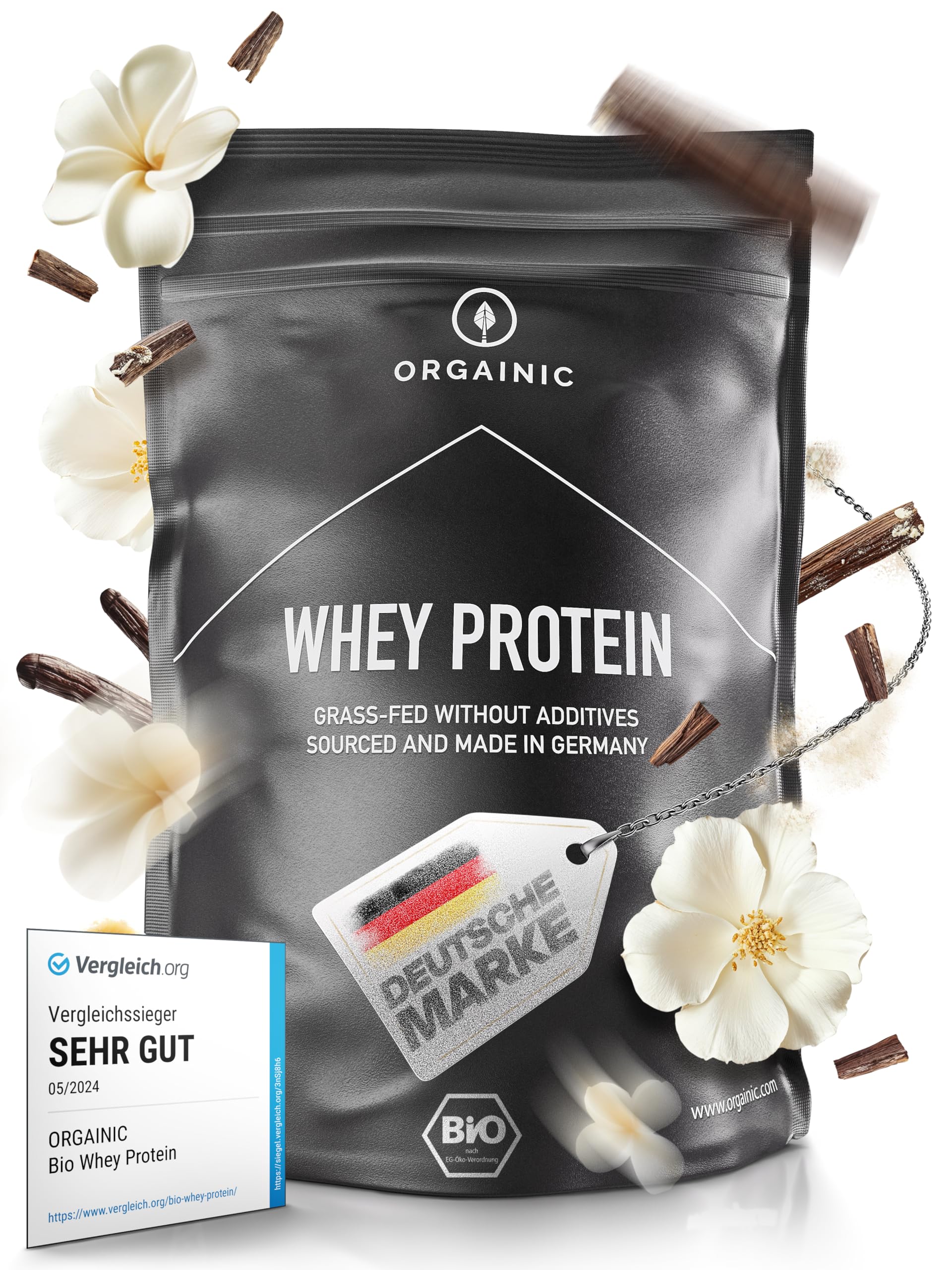 ORGAINIC Bio Vanille Whey Protein - Bio Zertifiziert ohne Zusatzstoffe - Eiweißpulver aus Deutschland - Grasfütterung - 1000g