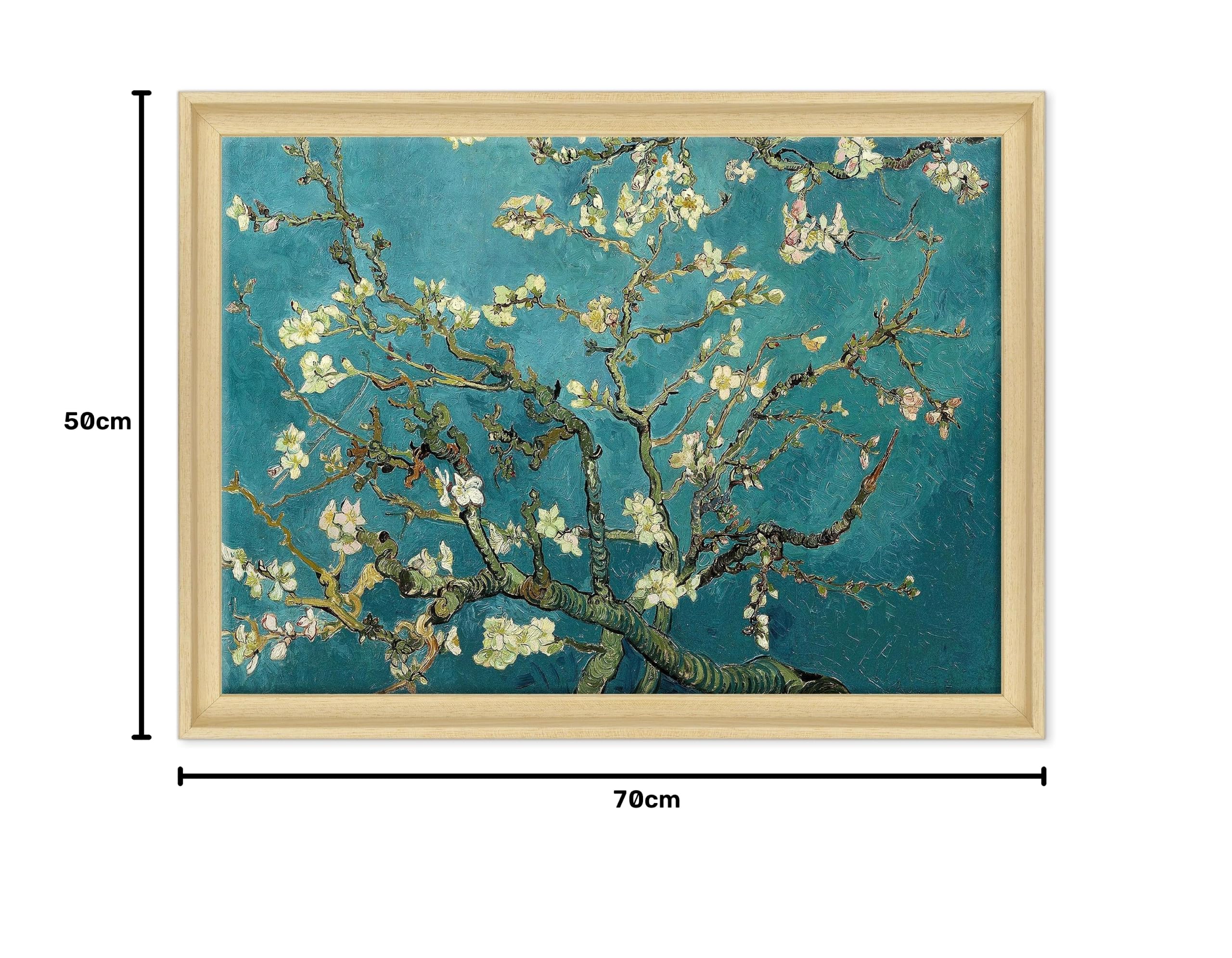 ConKrea - Quadro su Tela Canvas INTELAIATO - con Cornice - Ramo di MANDORLO Fiorito per Van Gogh - 50x70cm - Stile Contemporaneo Legno Naturale - (cod.296)