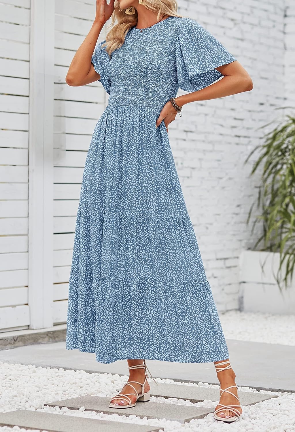 ZESICA Women's 2026 Summer Casual Floral Print Short Flutter Sleeve Crew Neck Smocked High Waist Flowy Maxi Dress - Image 3