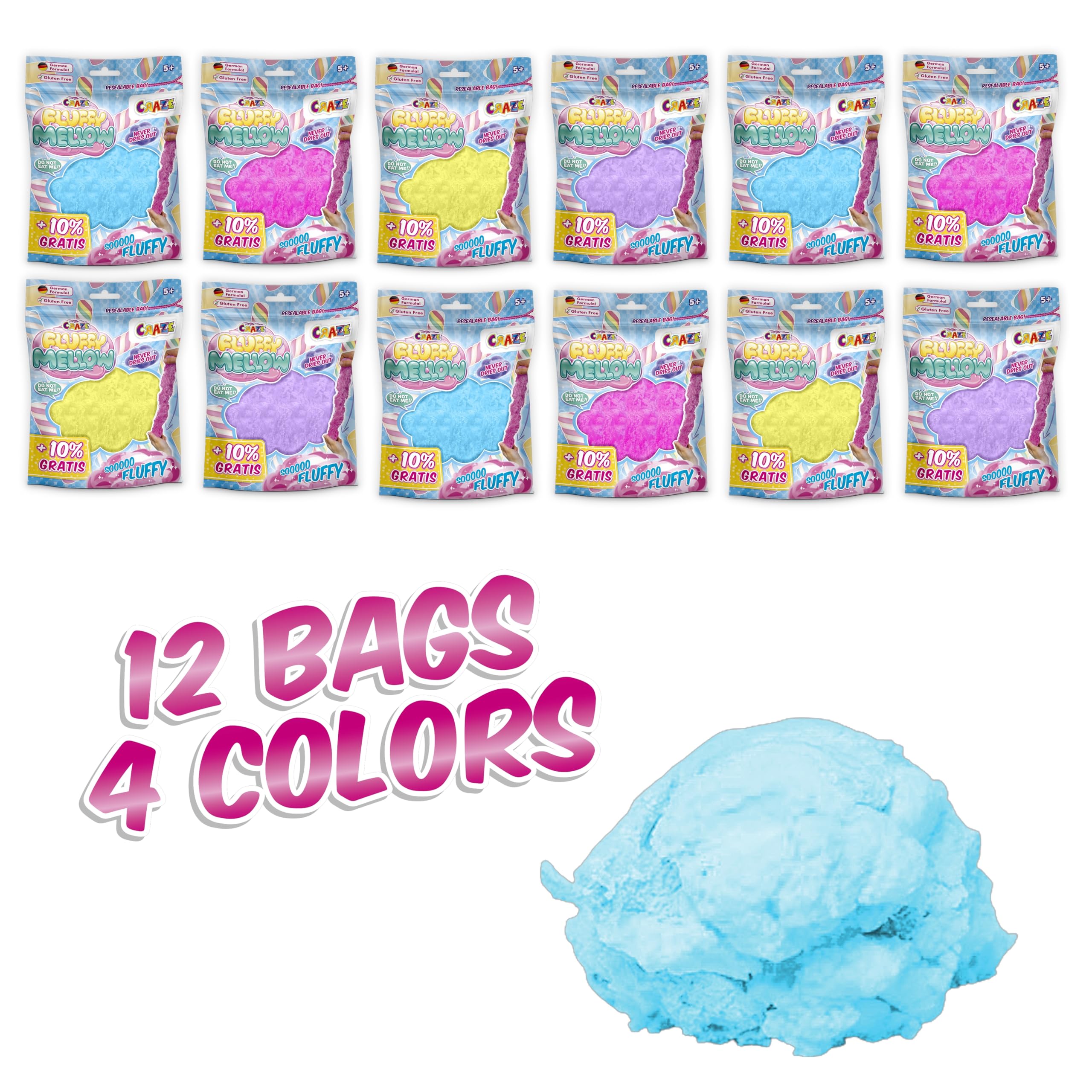 CRAZE Fluffy Mellow Pack de 12 - Pâte à Modeler Ultra Moelleuse, 12x 25g de pâte à Modeler Fluffy pour Enfants dans Un Sachet refermable, 4X Variantes de Couleurs