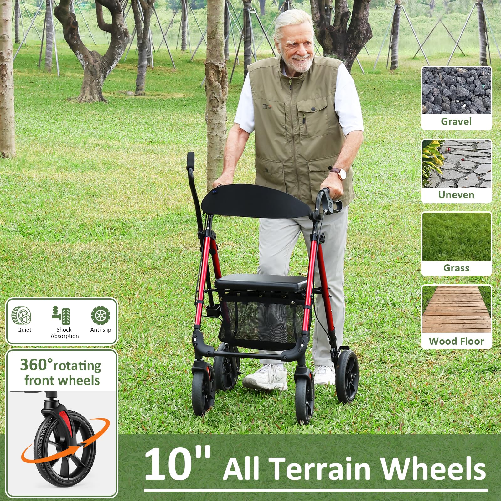 WALK MATE Andador plegable y ligero con asiento, soporta hasta 175 kg, andador para la vivienda interior y exterior con ruedas antideslizantes, altura regulable de aluminio, incluye bolsa y soporte