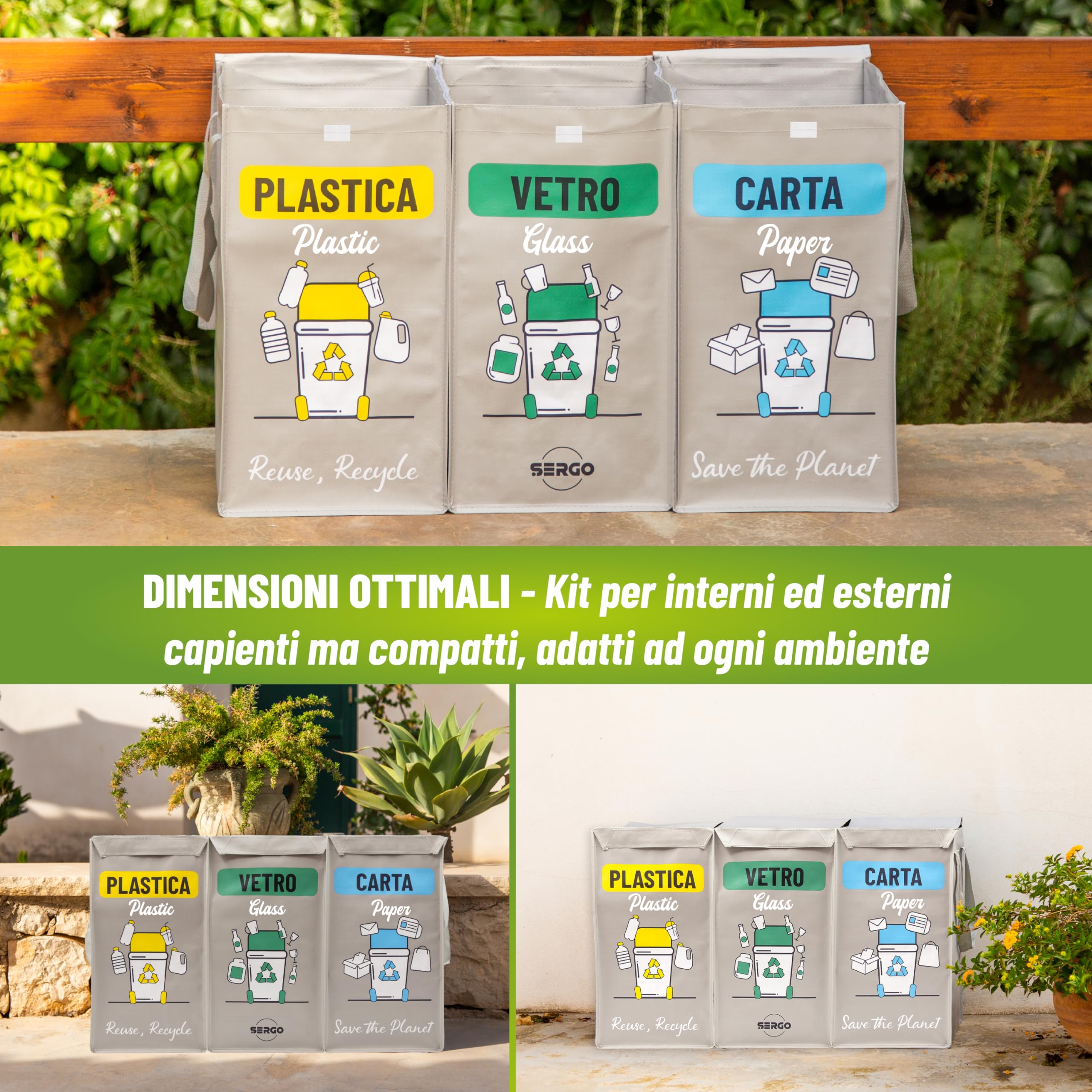 SERGO Borse Raccolta Differenziata con Coperchio - Contenitori Differenziata Interno e Esterno per Plastica, Carta e Vetro - Pattumiera differenziata 3 scomparti color Grigio chiaro