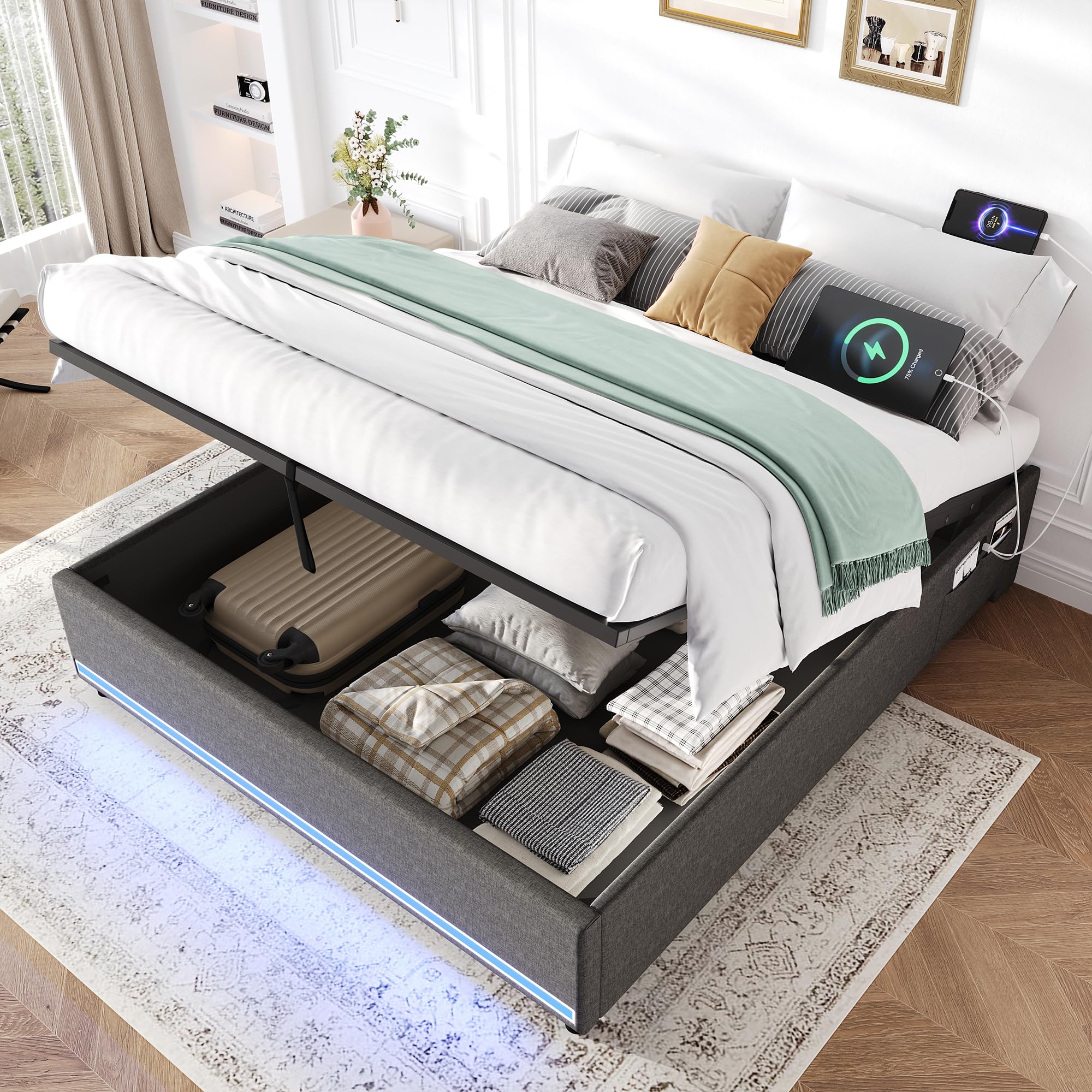 5ft King Size Bed Frame with Storage, Upholstered Ottoman Bed with LED Lighting & Charging Station, No Headboard Gas Lift Storage Bed with Wooden Slats, No Box Spring Needed, Linen, Grey, No Mattress