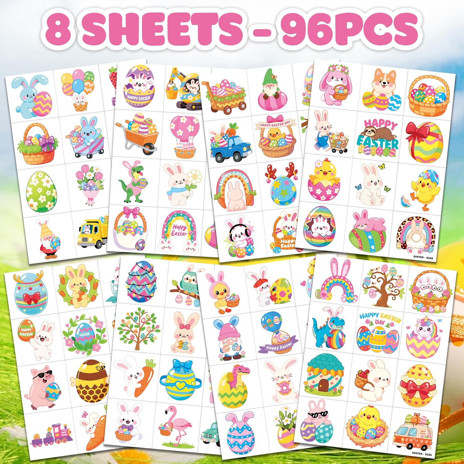 96 PCS Spring Easter Eggs Bunny Chicks Pre-Cut Temporary Tattoos for Kids | Super Cute Themed Birthday Party Favors, Supplies, Decorations, Fake Tattoo Stickers (Multiple)
