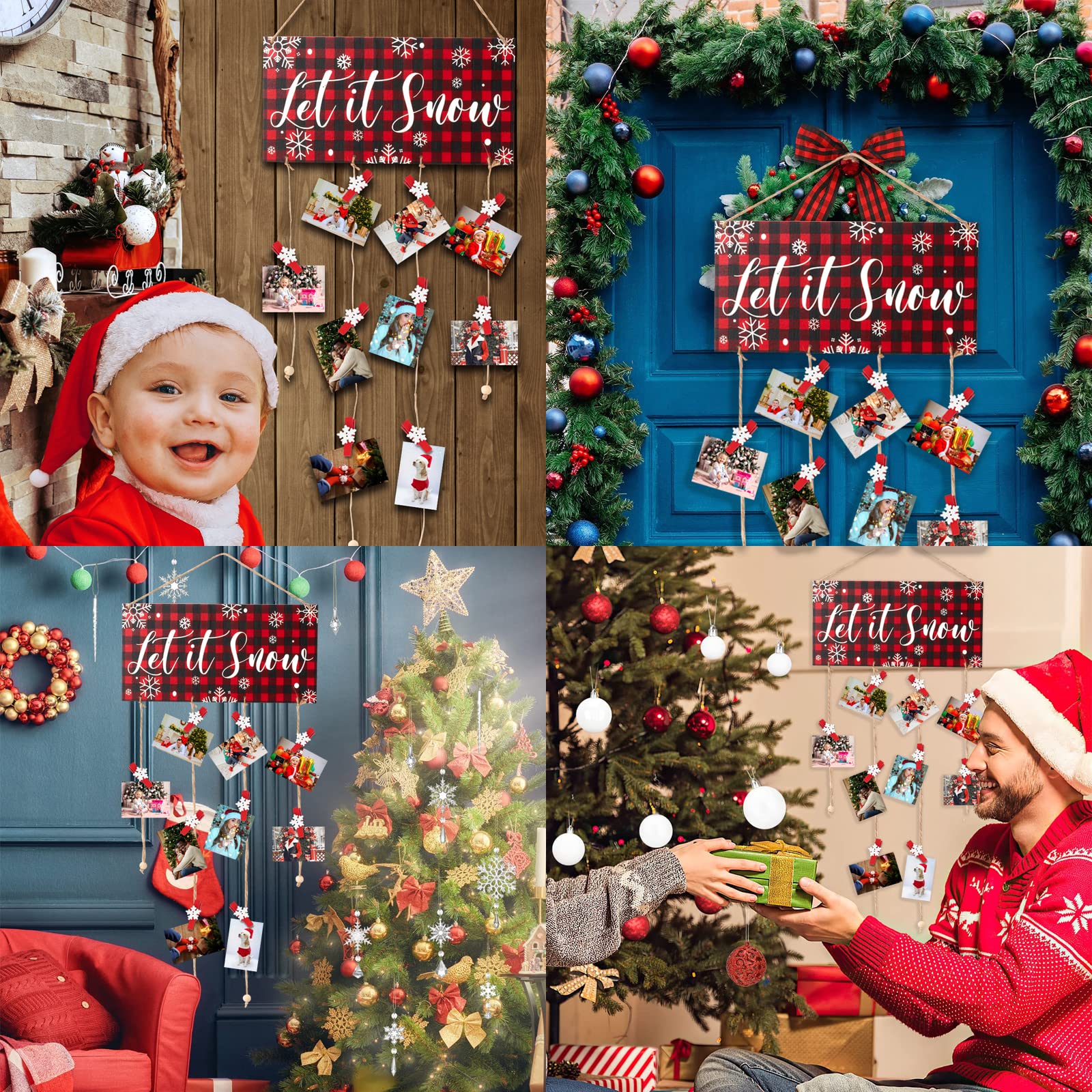 Porta Biglietti Di Natale In Legno Con 30 Clip A Fiocco Di Neve: Espositore Per Foto E Auguri, Decorazione Rustica 30x15 Cm - 3