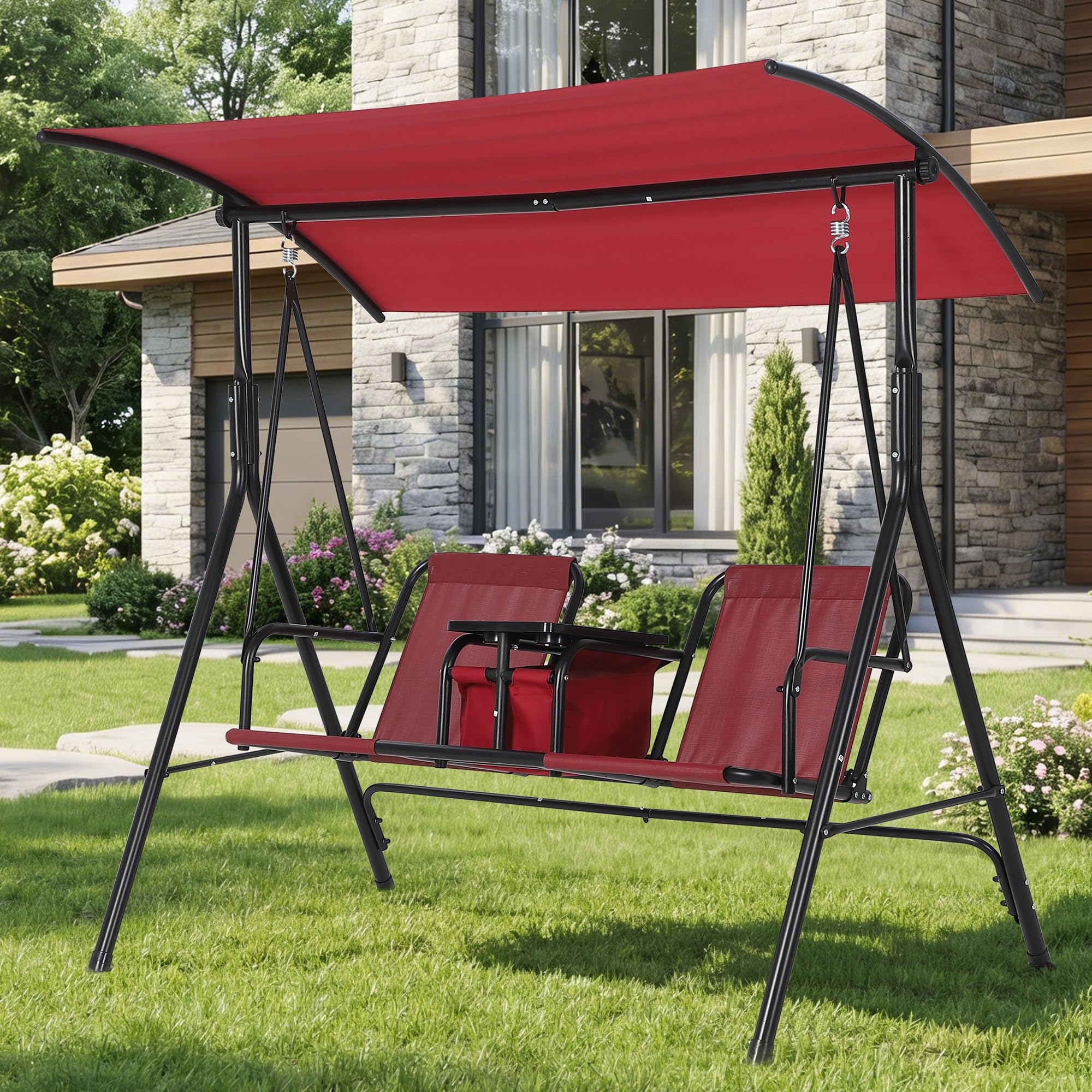 Balancelle de Jardin 2 Places avec auvent Ajustables,Balançoire de Jardin Extérieur avec 2 Porte-gobelets,Espace de Rangement,Mesh Respirant chaises,Cadre Acier,pour Jardin,Terrasse,Piscine(Rouge)