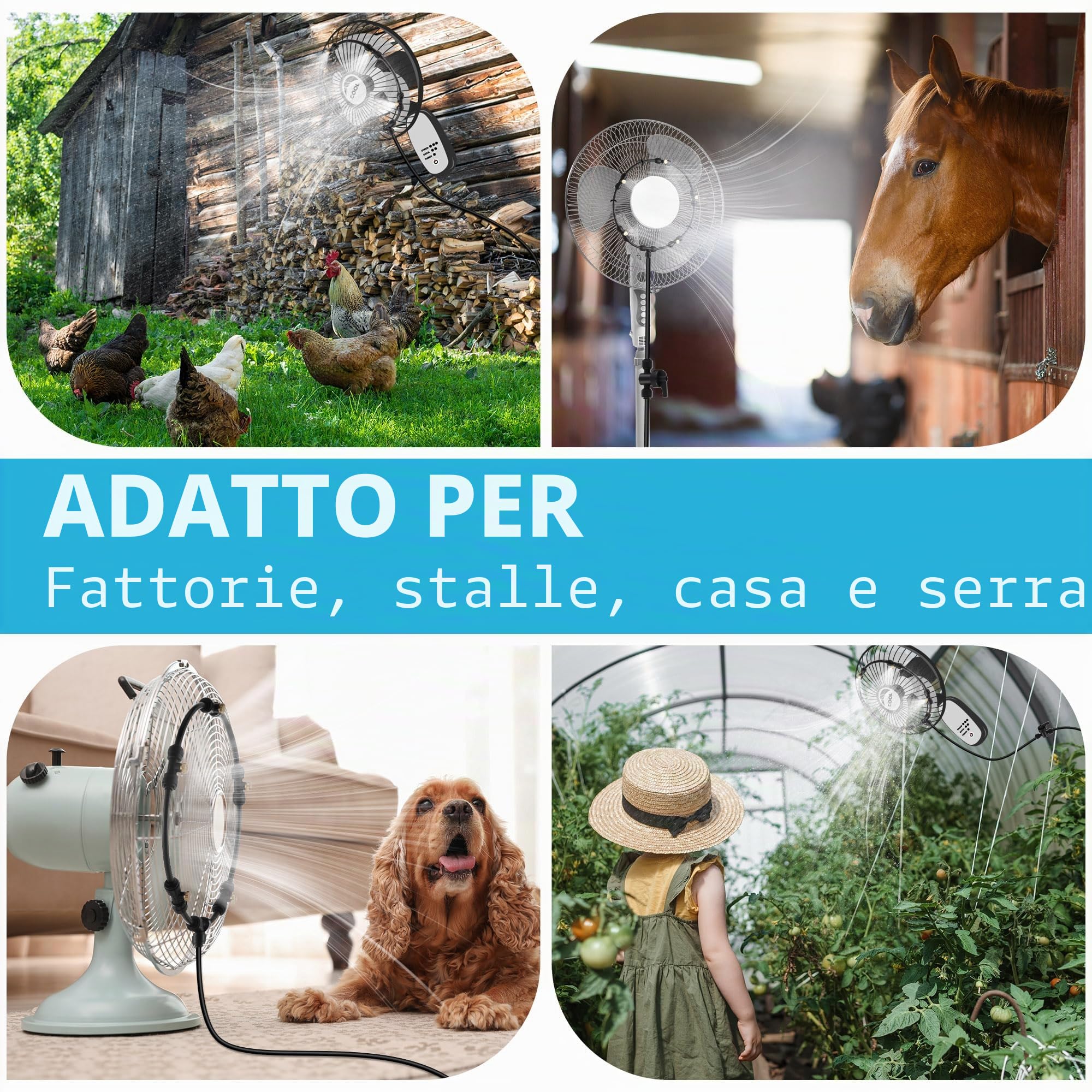 Kit di ventilatore da esterno con nebulizzazione Enhon con filtri, linea di nebulizzazione da 10 m, 5 ugelli in ottone, ventilatore refrigerante con valvola di intercettazione per brezza da patio